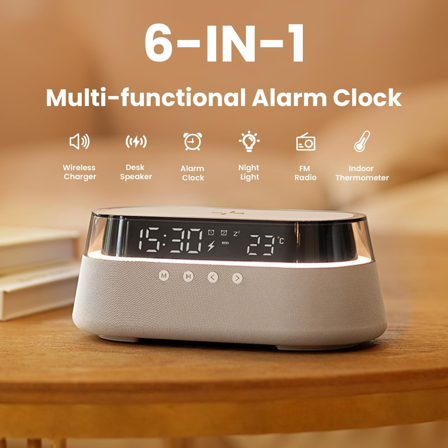 6-in-1 Smart Alarm Clock with Wireless Charging and LED Light