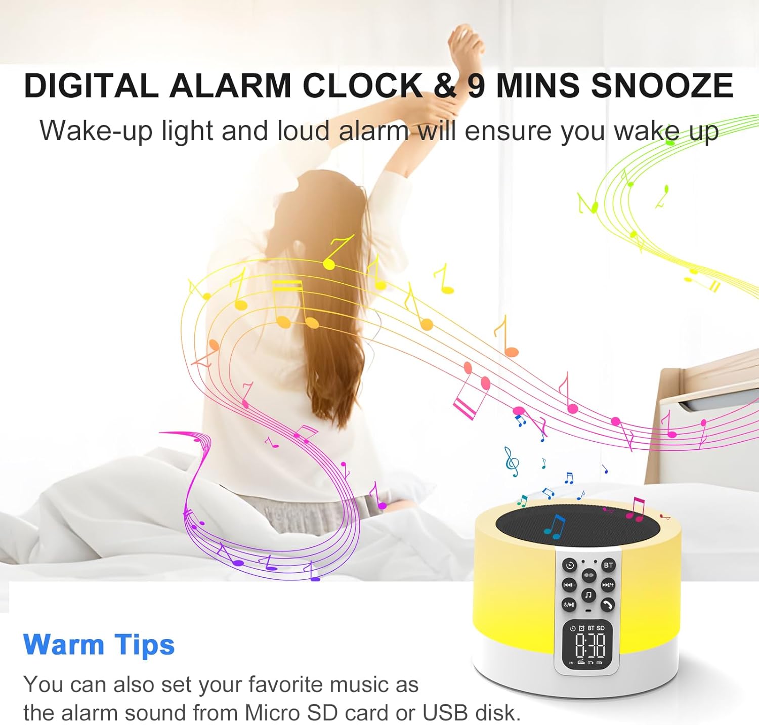 Night Light Bluetooth Speaker Alarm Clock with White Noise and RGB Light