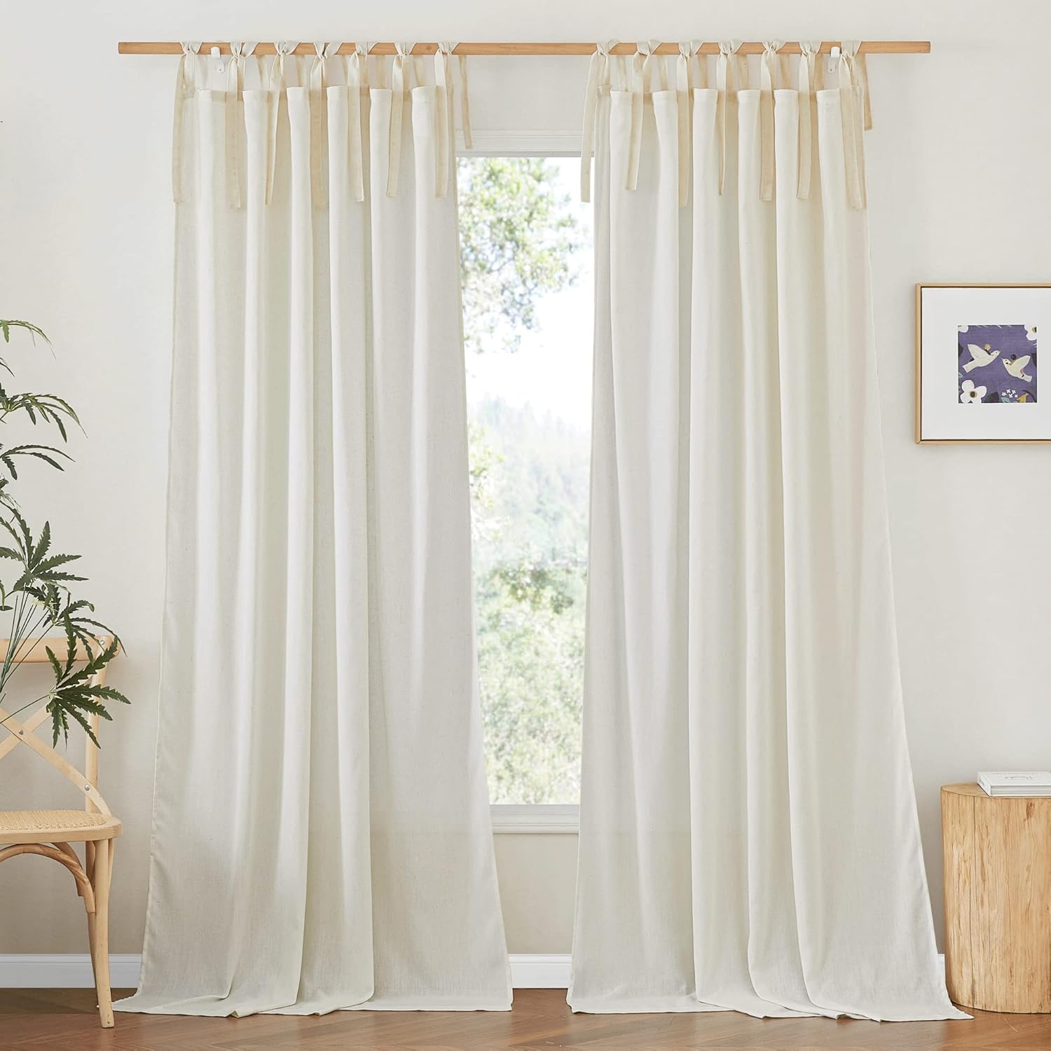 NICETOWN Off White Linen Curtain Panels 84 Inch Tie Top