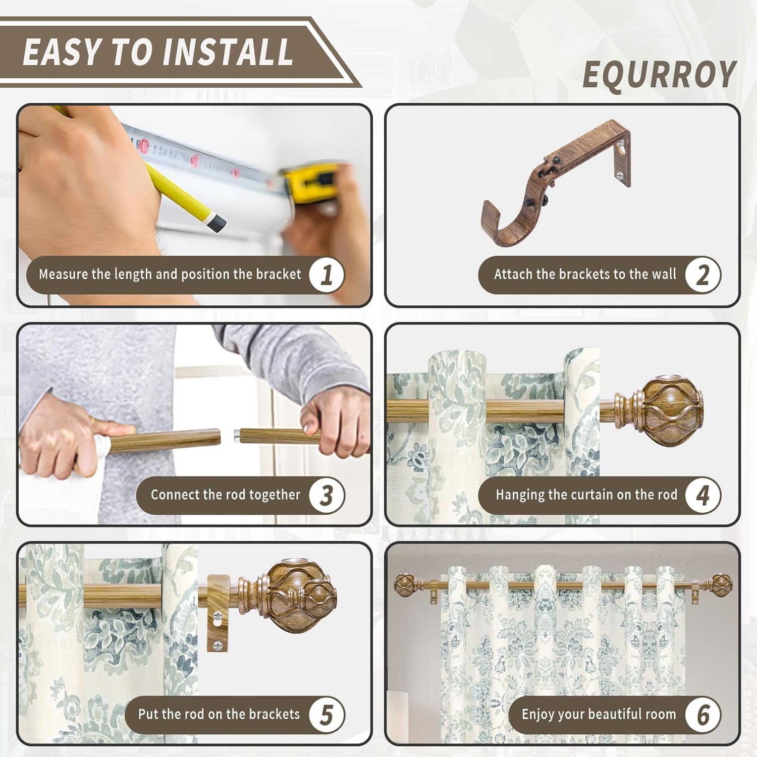 EQURROY Wood Curtain Rod for Windows 28-48 Inches
