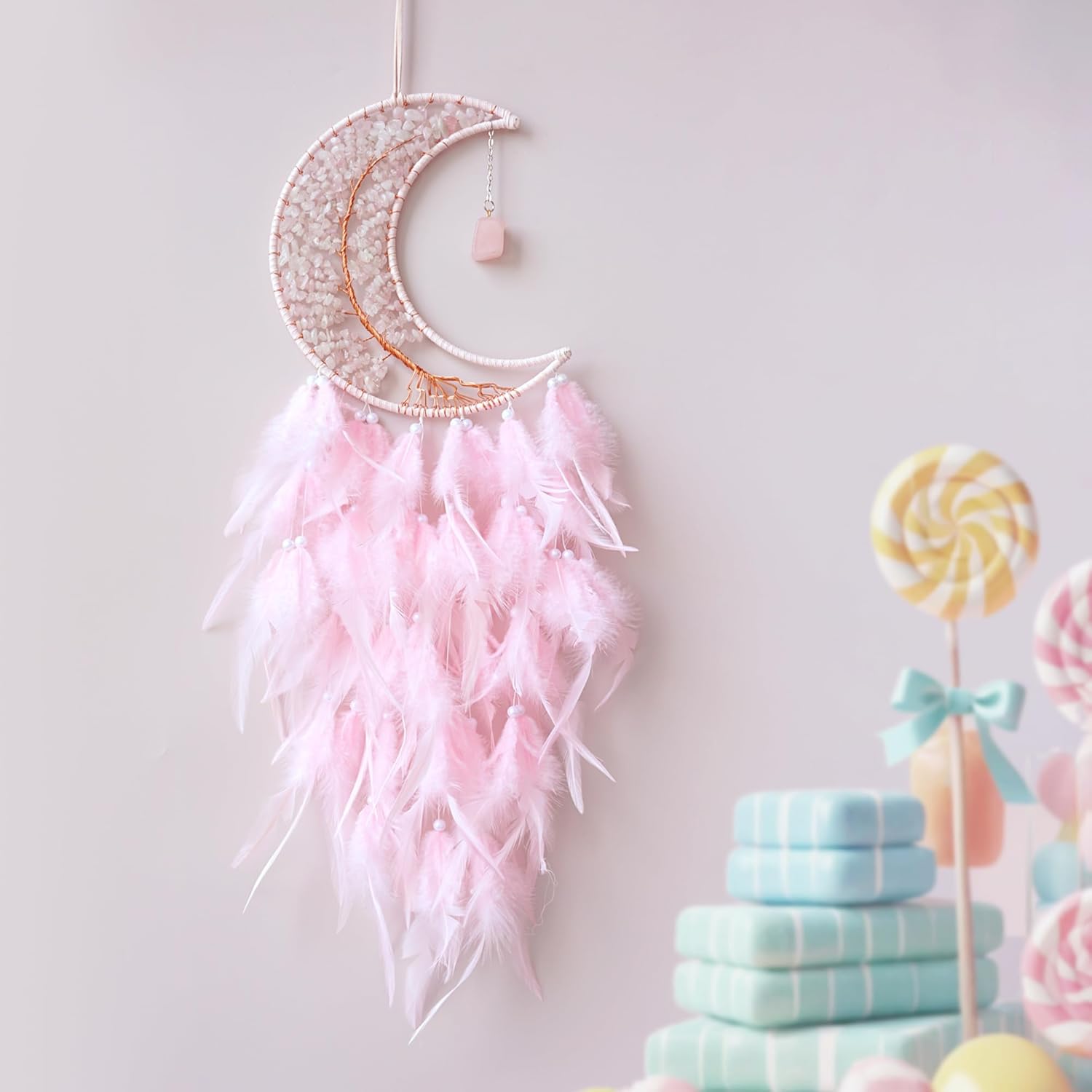 Moon Dreamcatcher with Pink Crystal Tree