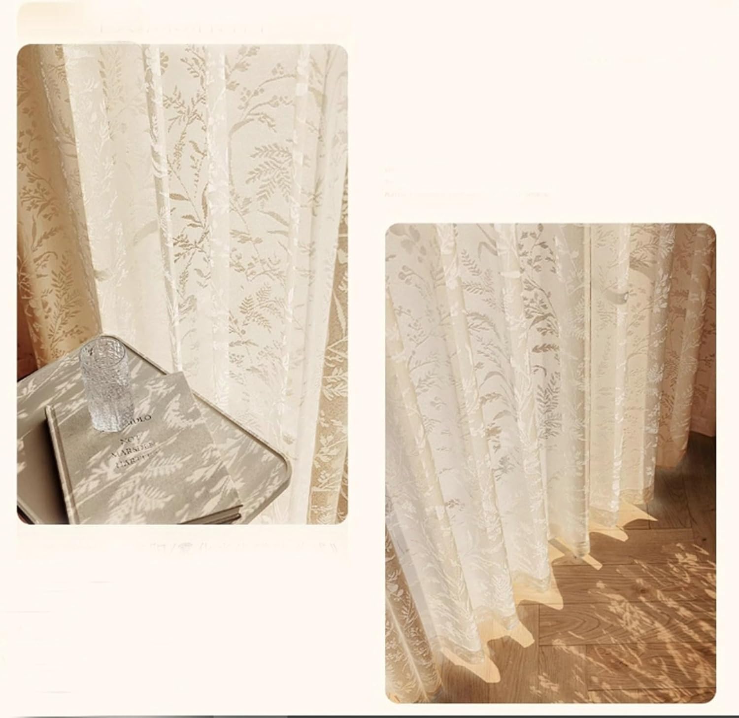 Beige Sheer Curtains with Botanical Design 2 Panels 38W x 84L Inch