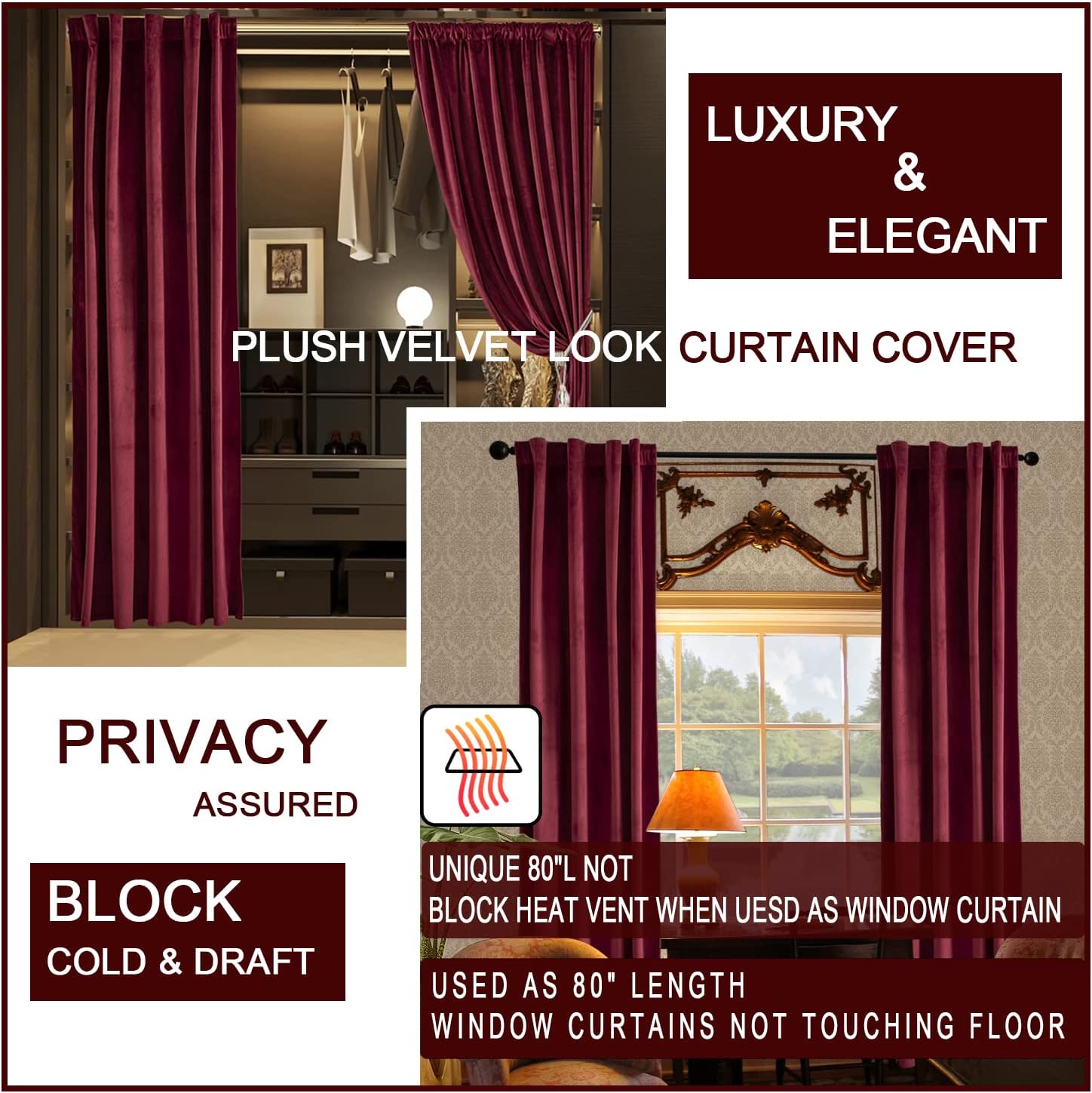 Burgundy Red Velvet Luxury Curtain Panel 80 Inches