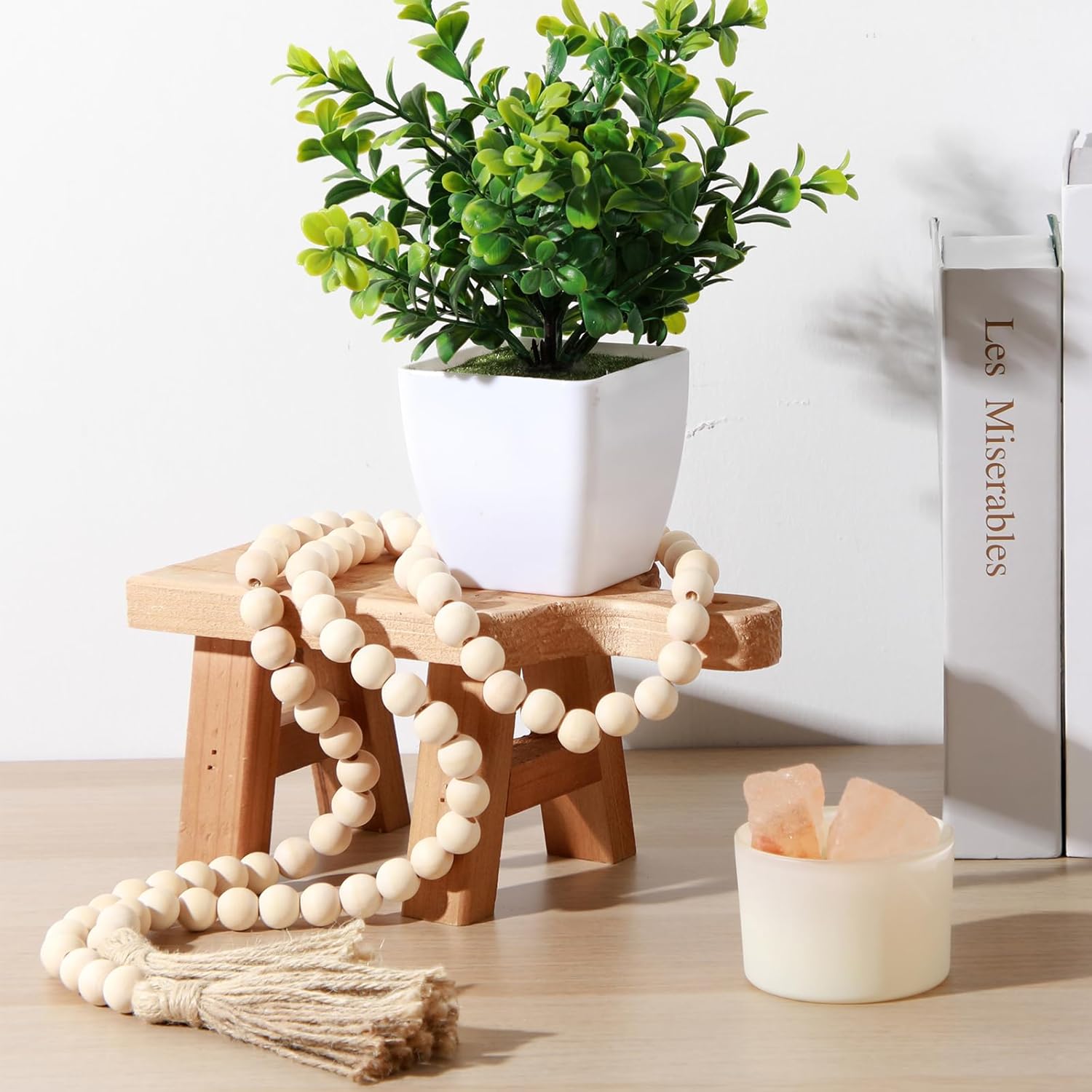 Wood Pedestal Stand with Handle and Beaded Ornaments
