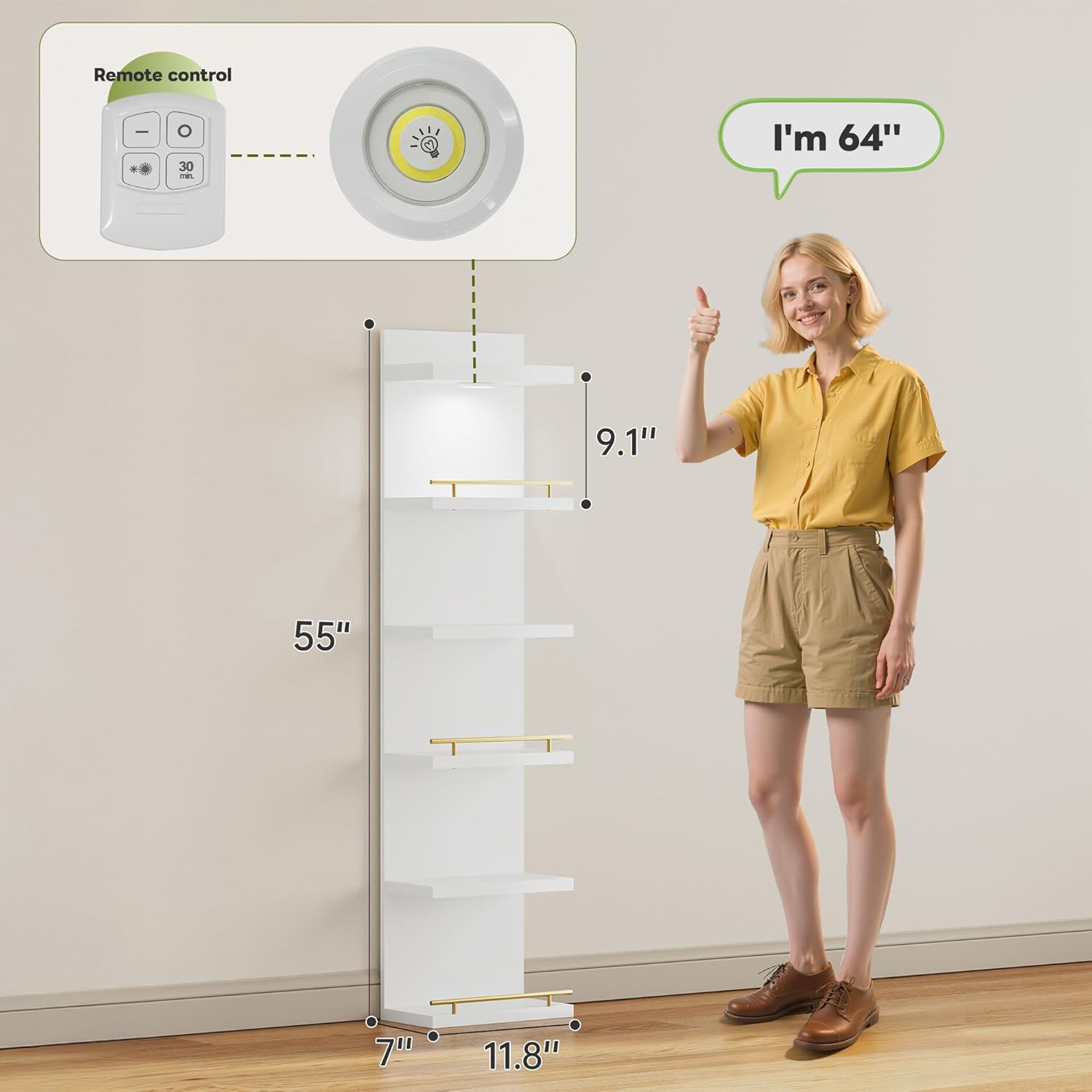 REIBII 6 Tier Wall Shelf with LED Light