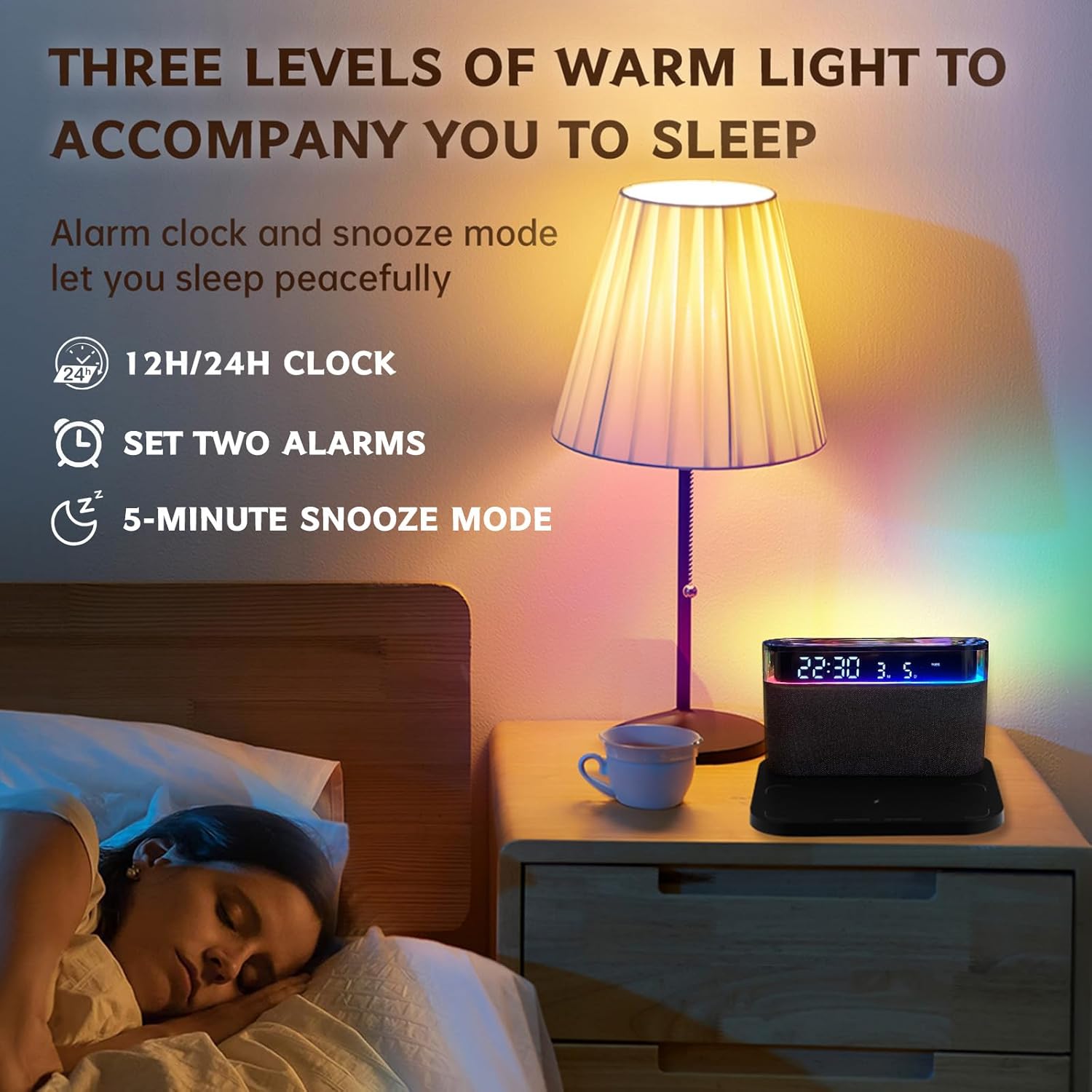 Bluetooth Alarm Clock with Wireless Charging and Night Light