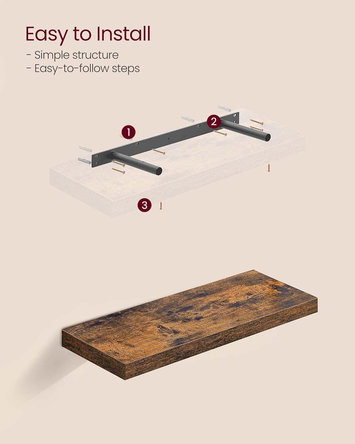 VASAGLE Wall Shelves Set of 3 Floating Shelves Rustic Brown ULWS057B01