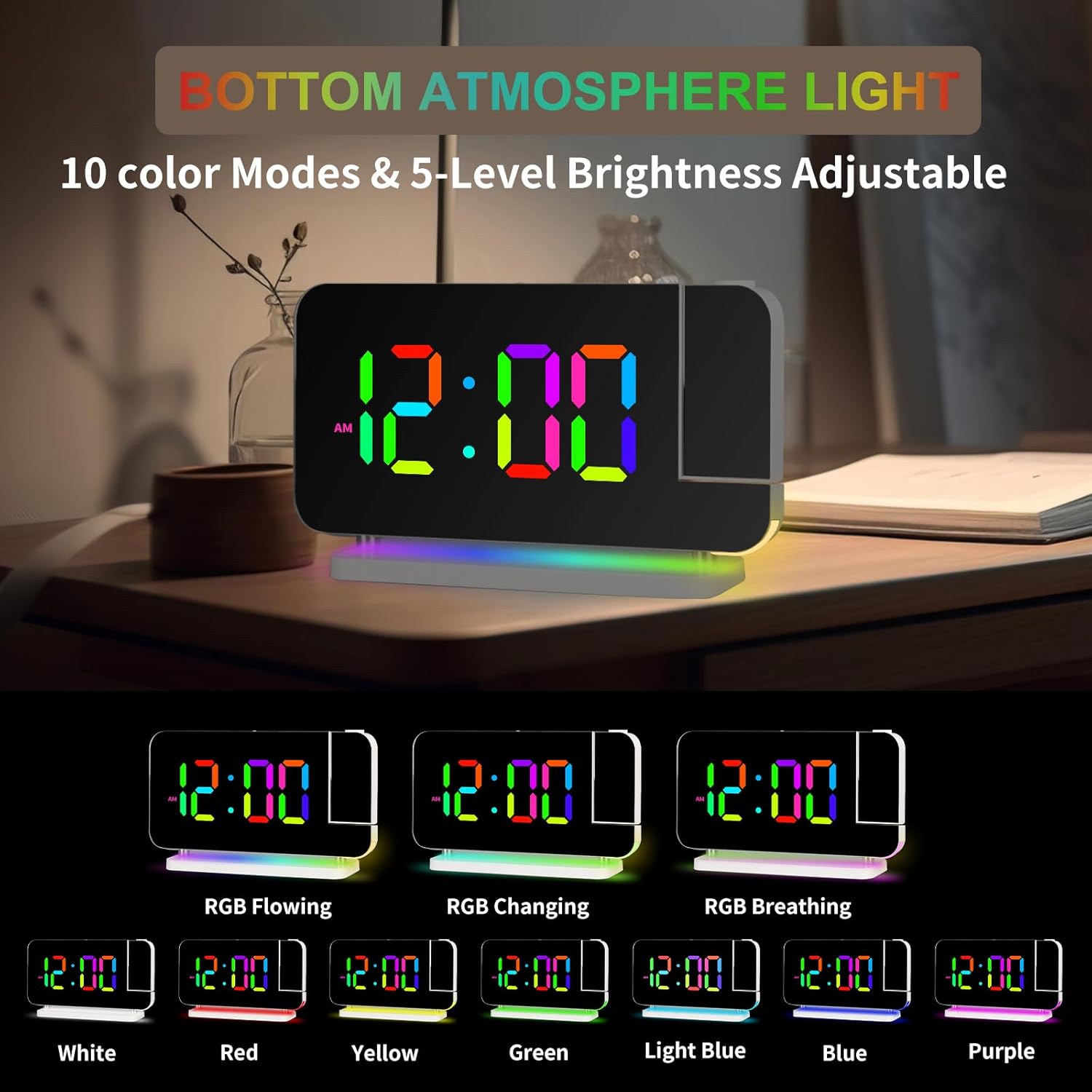 Hanaix Projection Alarm Clock with RGB Night Light and Auto Dimming