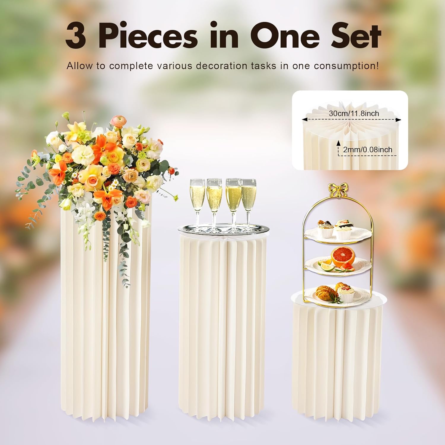 3PCS Foldable Cardboard Cylinder Pedestal Stands with Clear Acrylic Plates