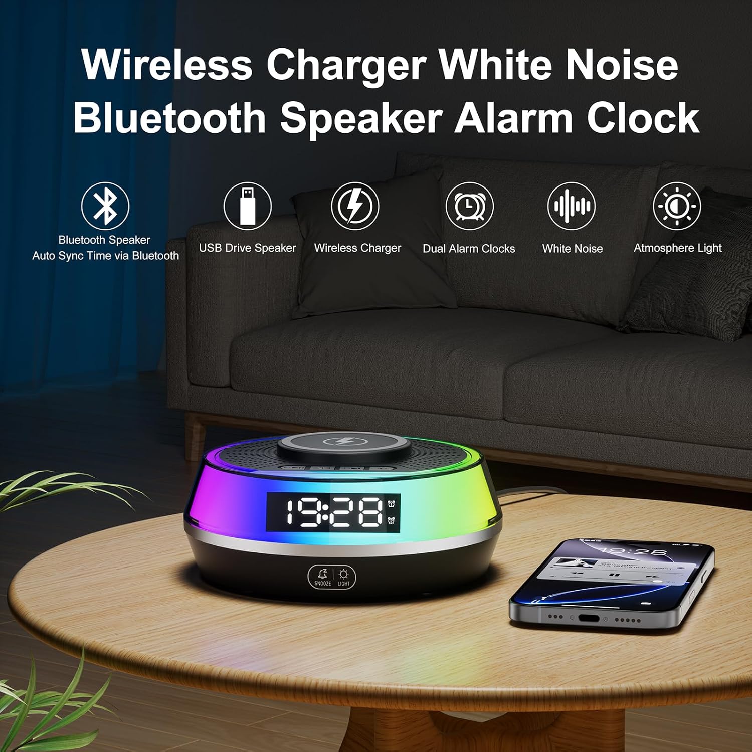 5 in 1 Alarm Clock with Wireless Charger and Bluetooth Speaker