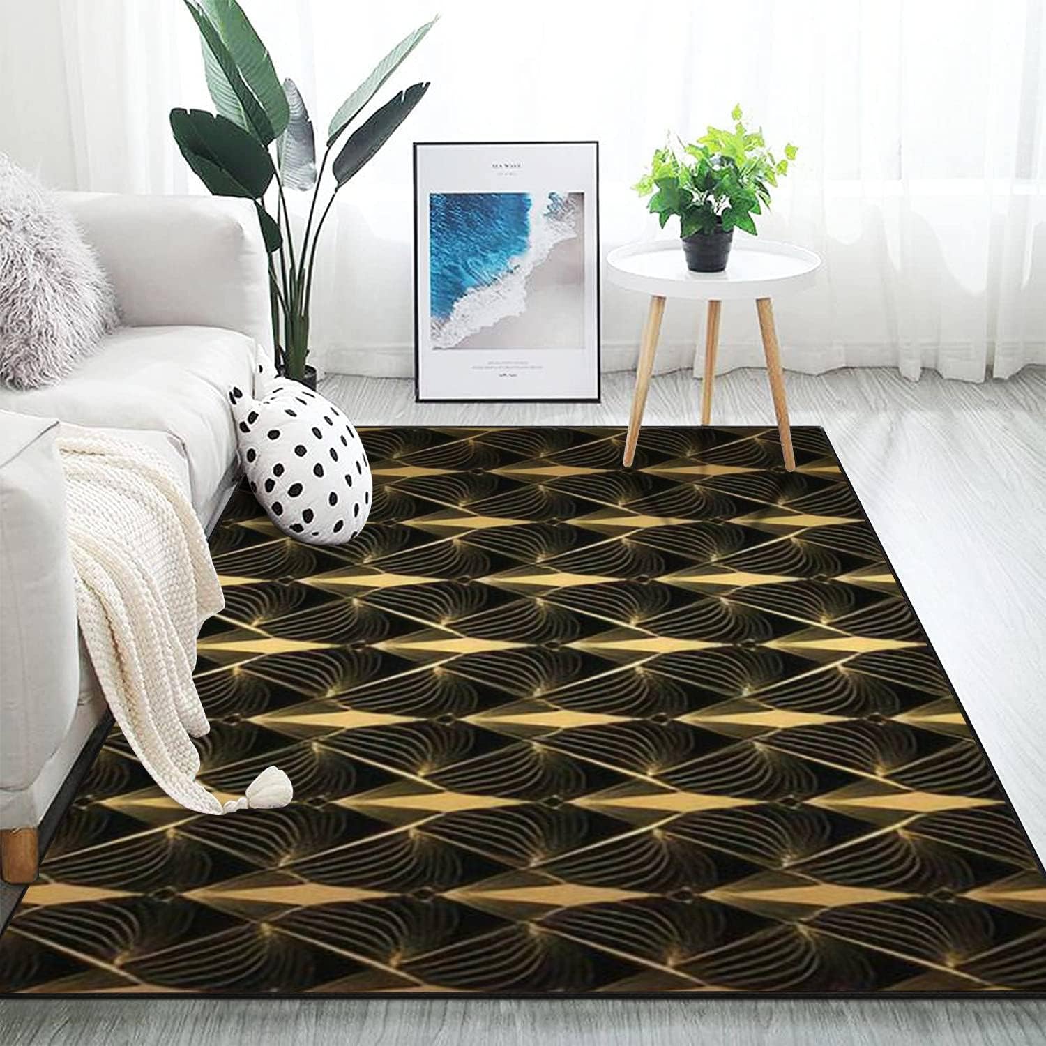 Modern 3D Art Deco Black Gold Shells Rug for Living Room
