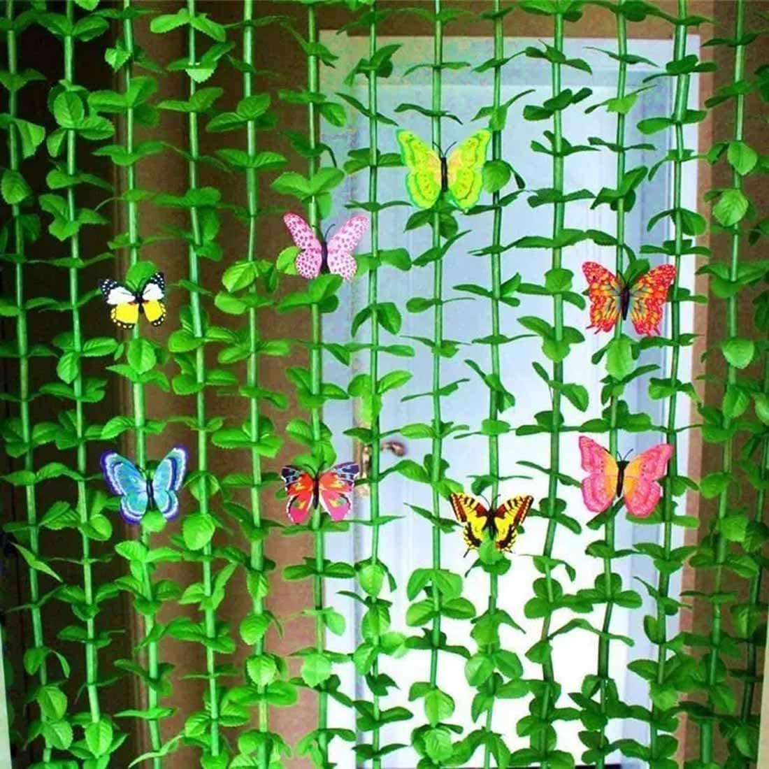 Bamboo Beaded Curtain with Green Leaf Fringe for Doors and Windows