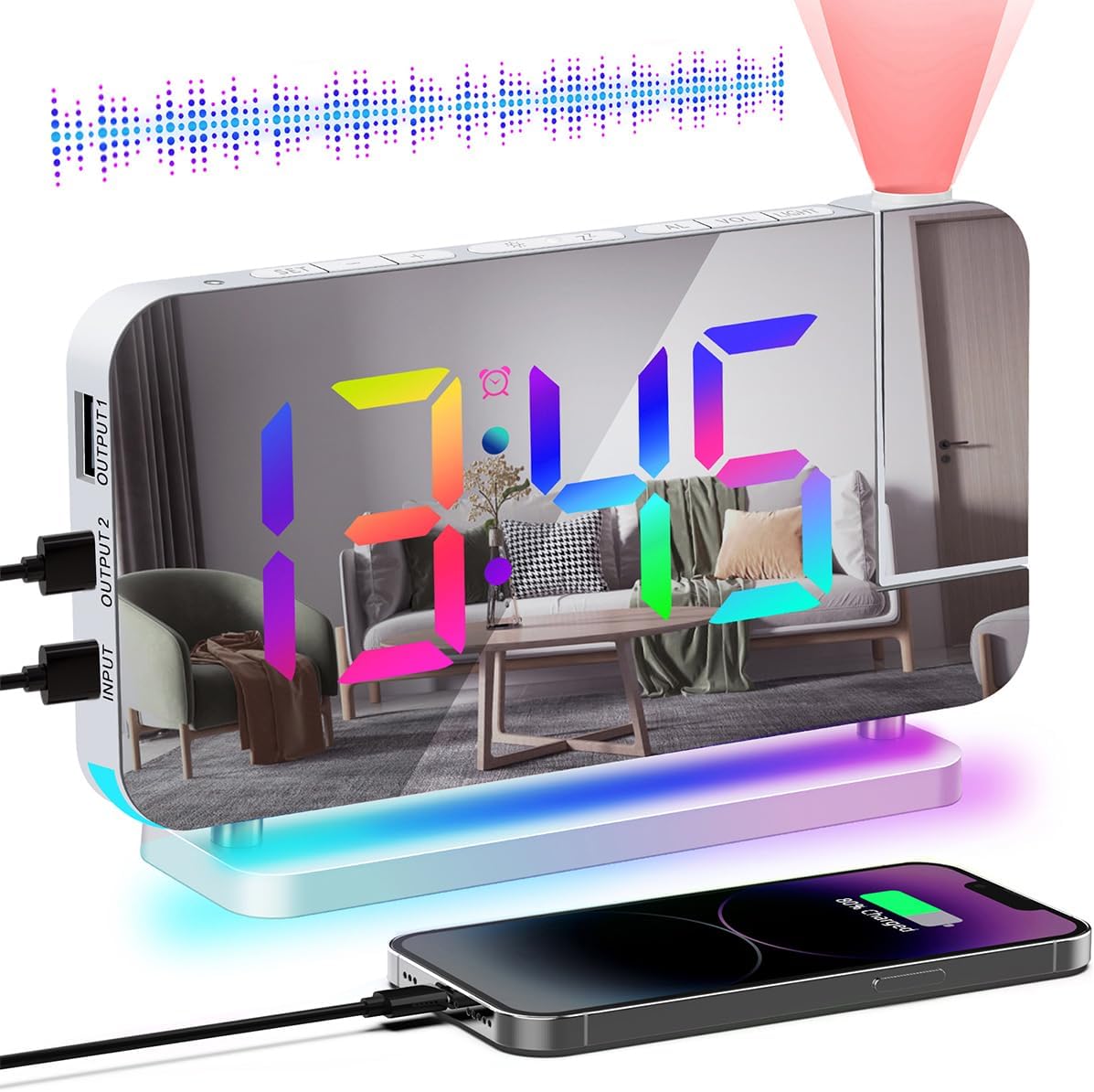 Hanaix Projection Alarm Clock with RGB Night Light and Auto Dimming