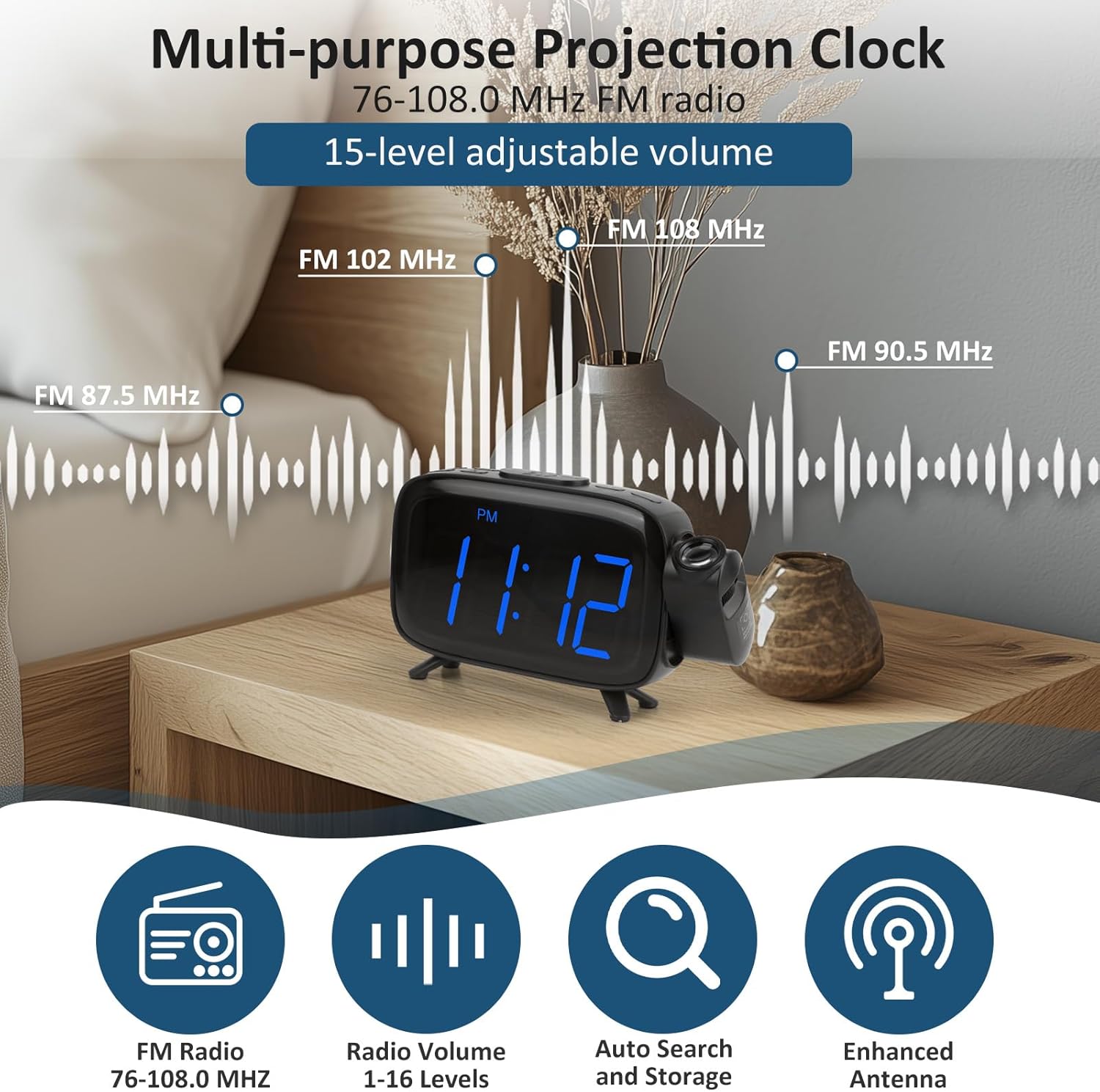 WAIGESEN Digital Projection Alarm Clock with Dual Alarms and FM Radio