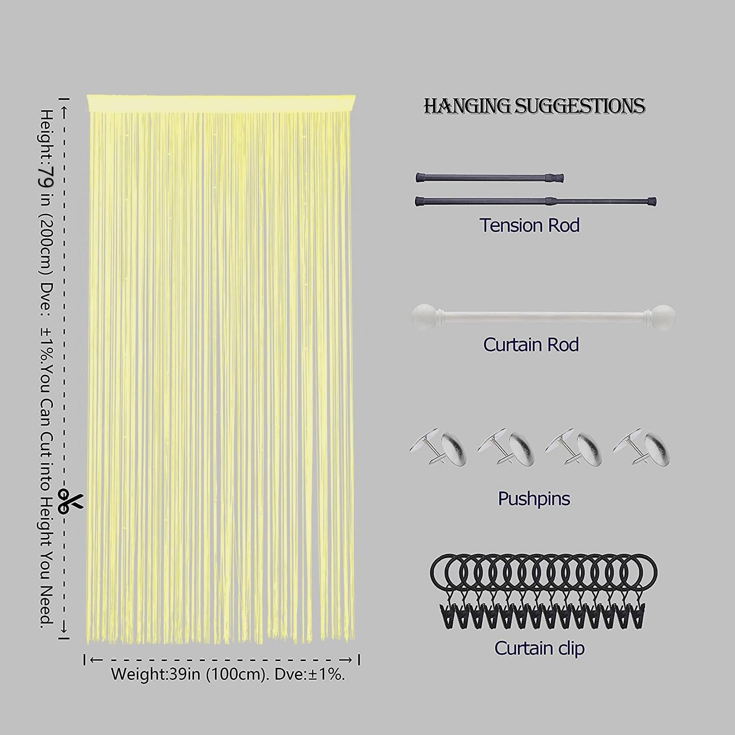 Beaded Curtain Door Divider with Telescopic Rod Yellow 100x200cm