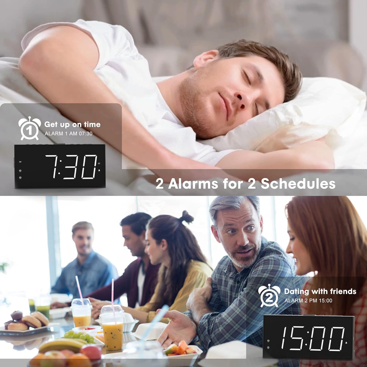 75 Inch LED Alarm Clock with Dual Alarms and USB Charging