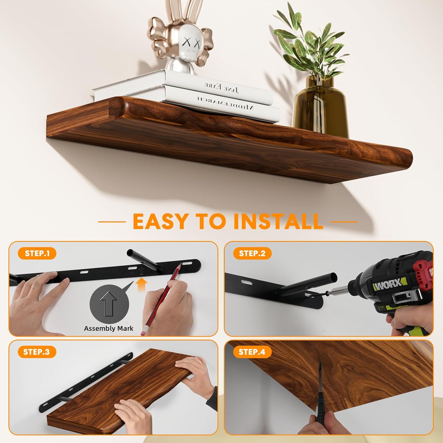 24 Inch Rustic Floating Shelf for Living Room
