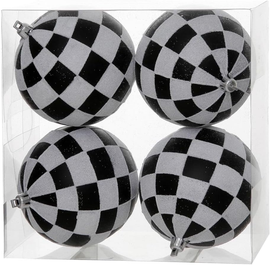 Vickerman 4 Checkered Glitter Ball Set - Festive Christmas Decor