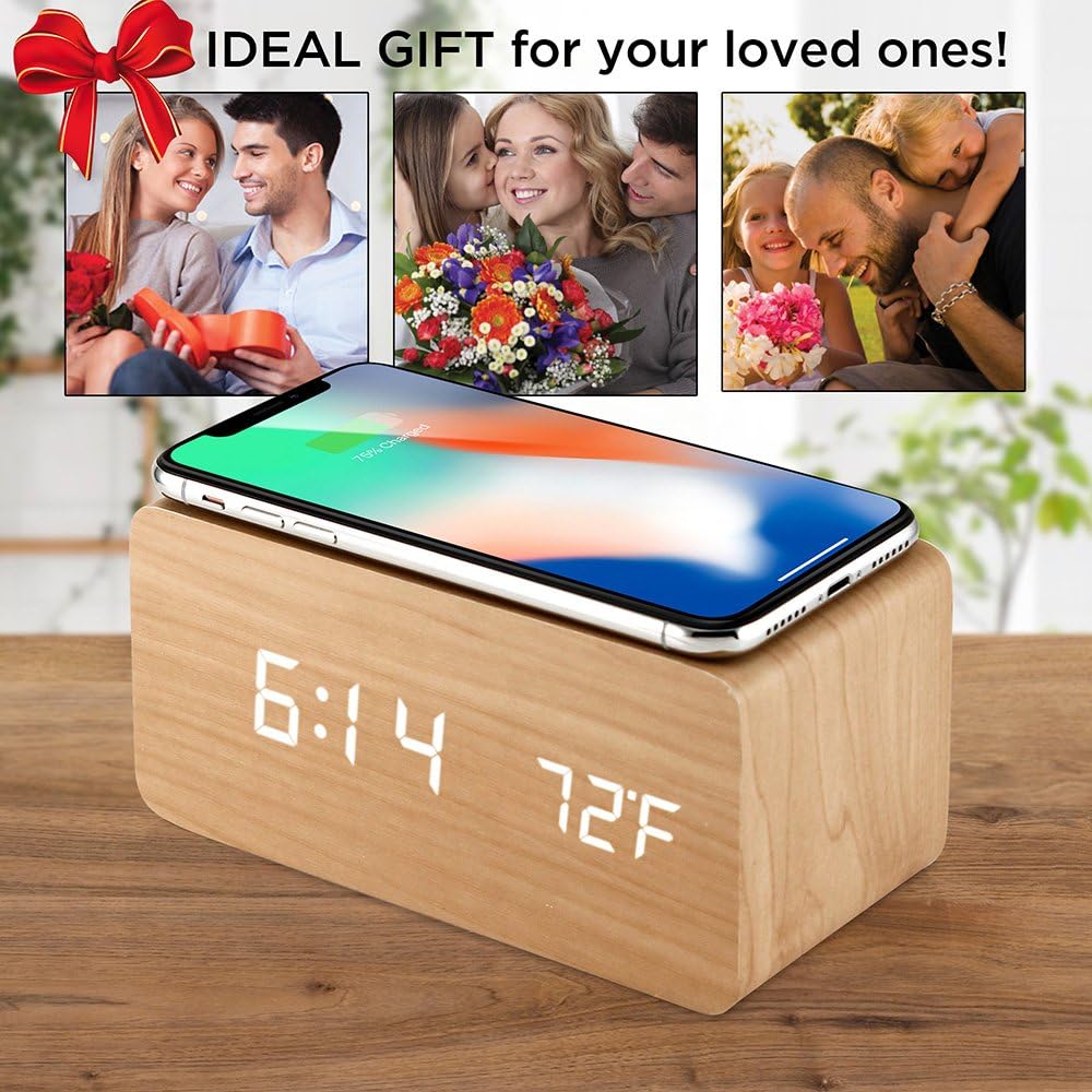 OCT17 Wood Alarm Clock with Qi Wireless Charging
