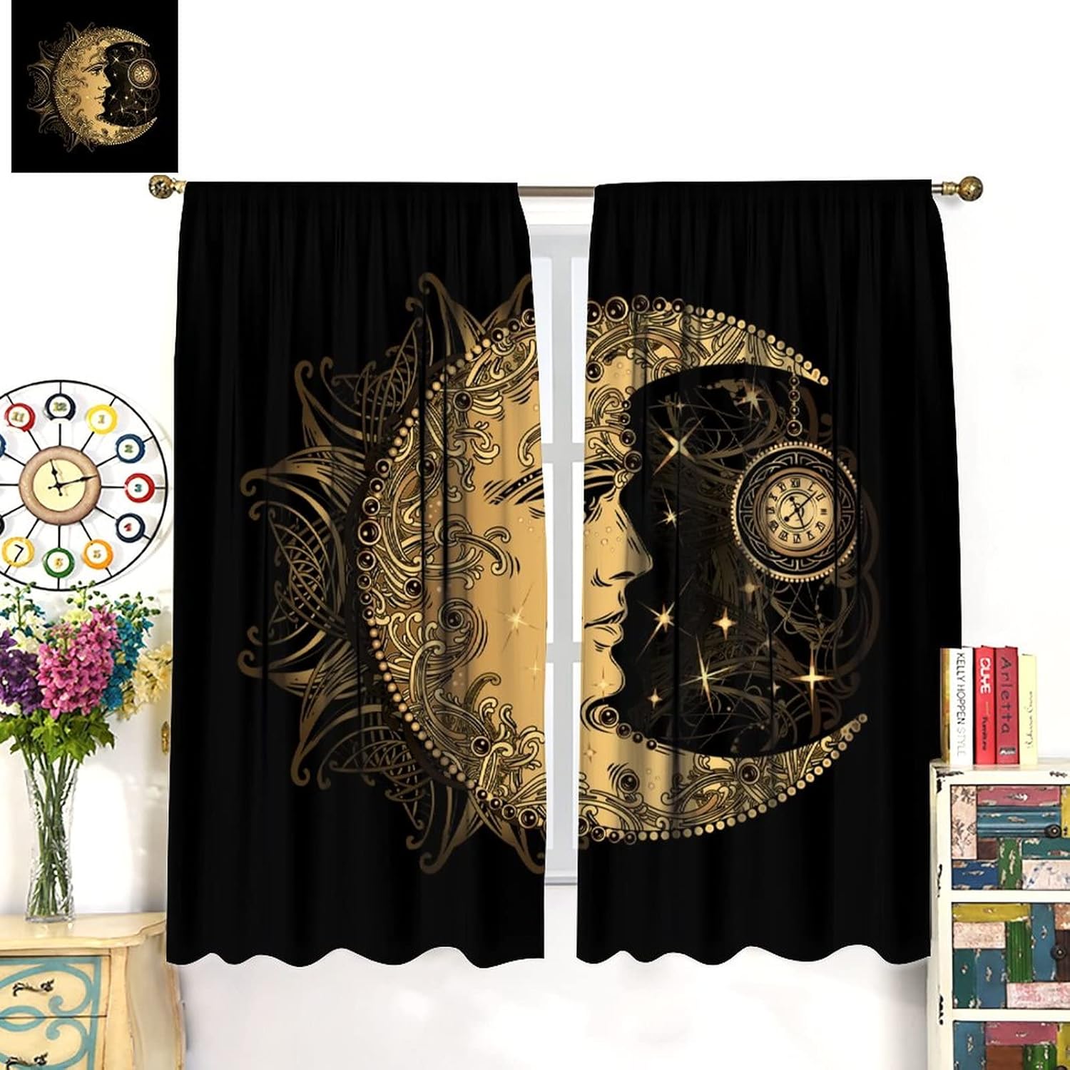 Focusbrite Sun Moon Abstract Curtain Set 2 Panels 42x45 Inches