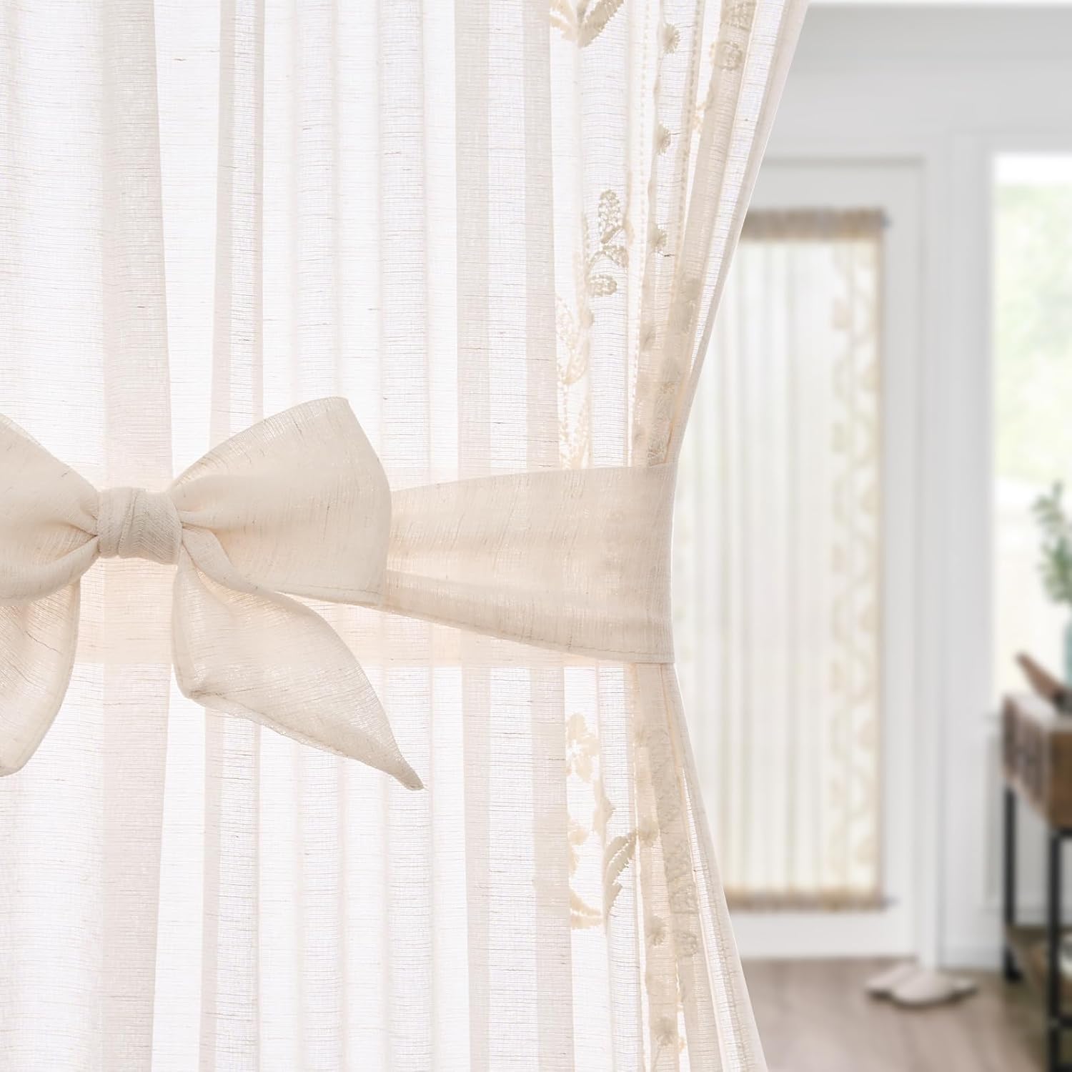 Jinchan French Sheer Door Curtain with Tie Up Bows