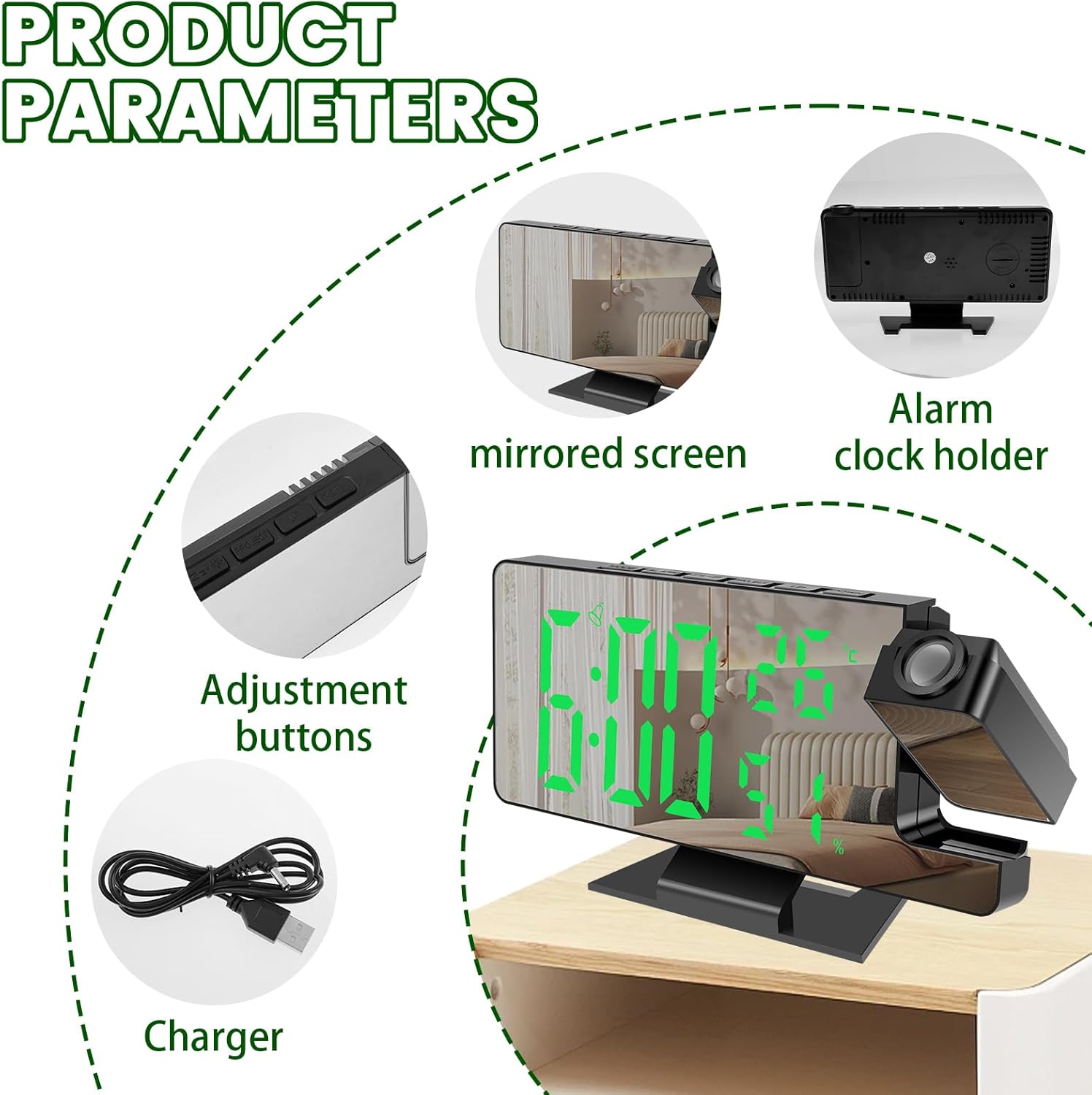 Projection Alarm Clock with Rotatable Projector and Dimmable Mirror