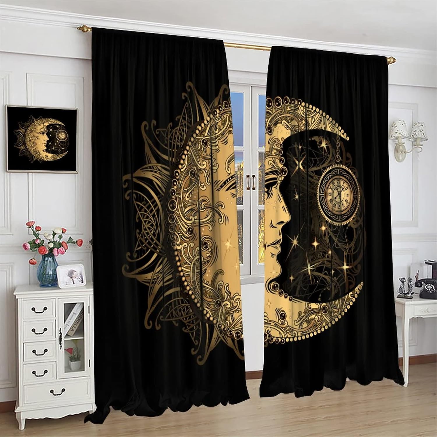 Focusbrite Sun Moon Abstract Curtain Set 2 Panels 42x45 Inches