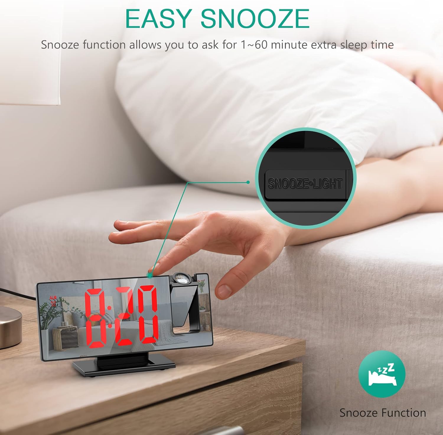 ORIA Projection Alarm Clock with LED Mirror and Snooze