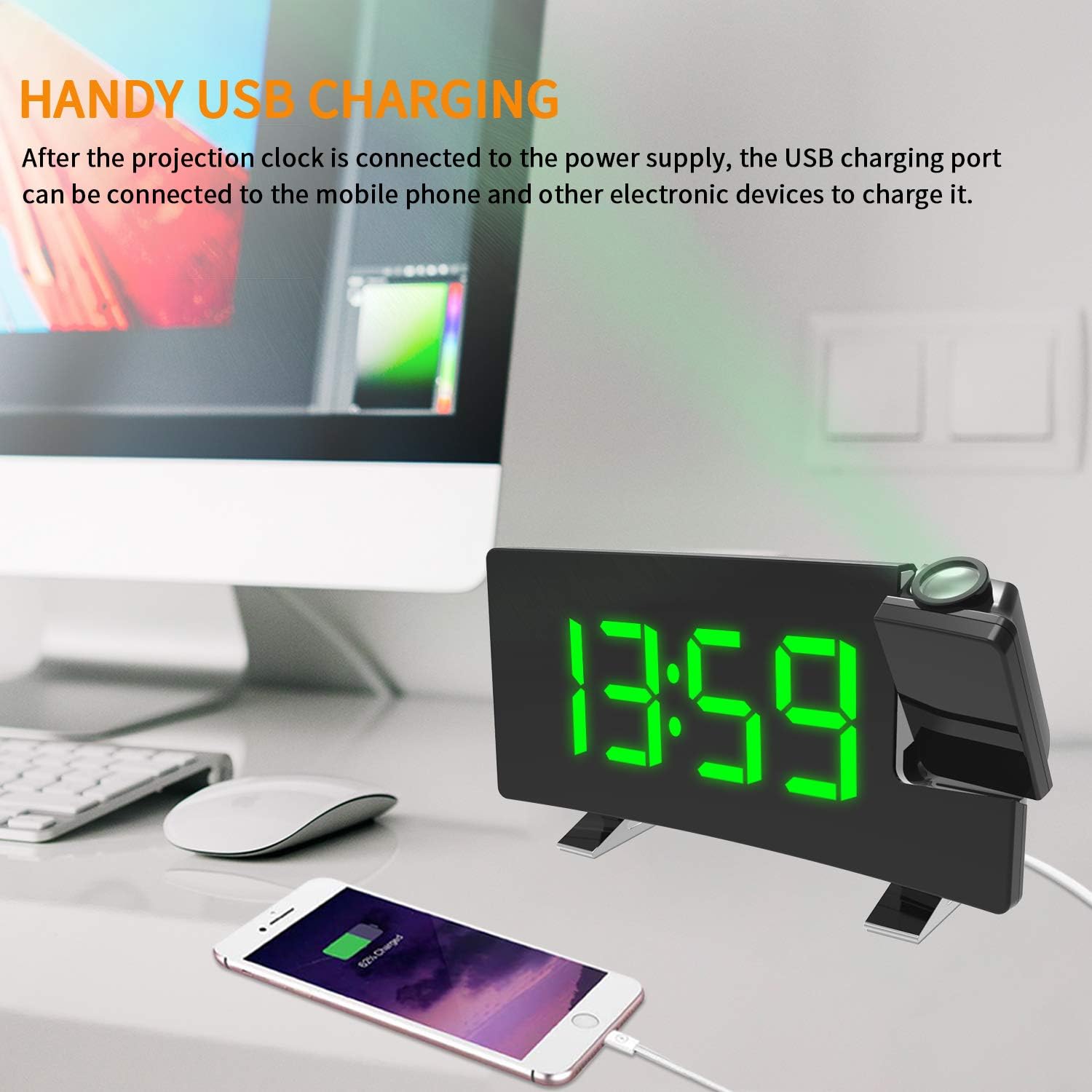 ThreeH Projection Alarm Clock with USB Charger and 2 Alarm Snooze Function