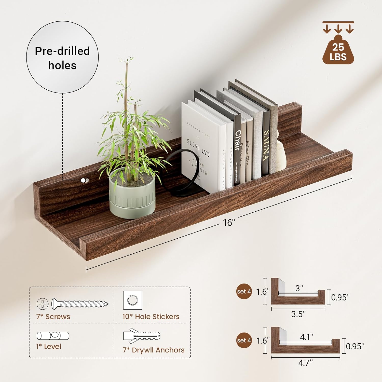 16 Inch Picture Ledge Shelf Set of 8 with Lip