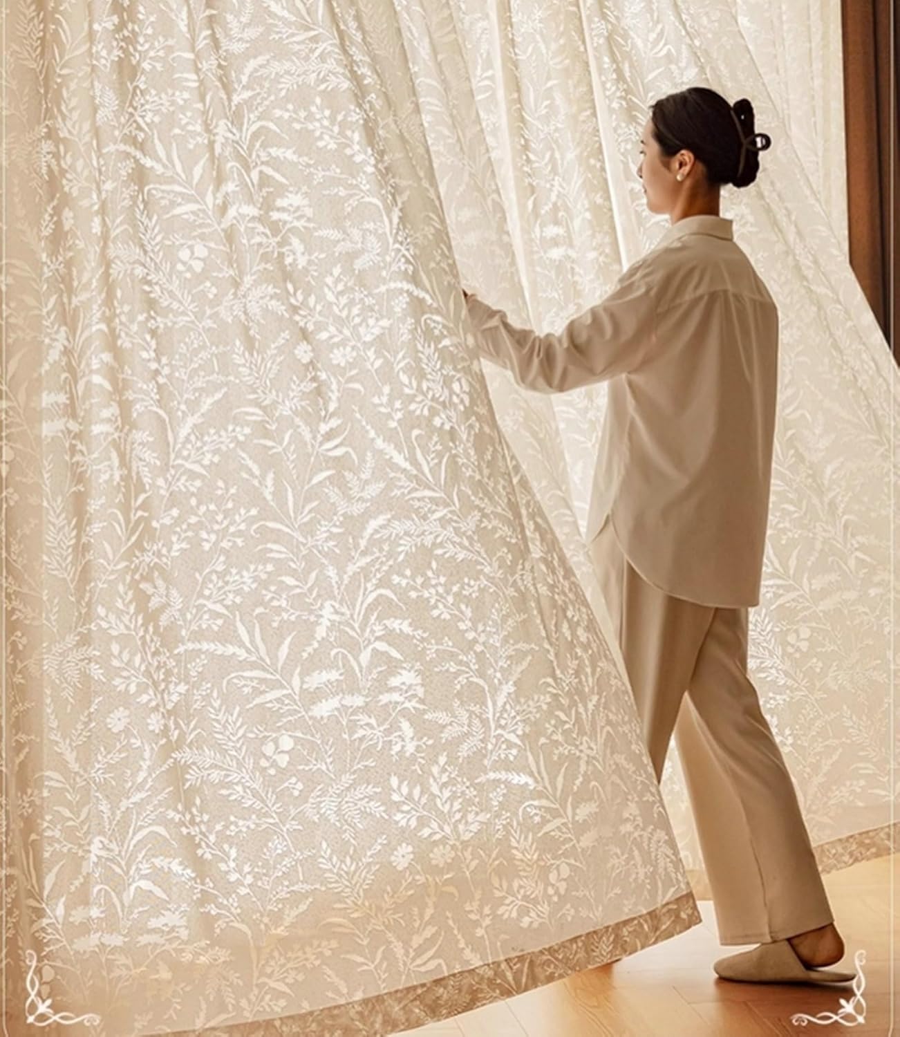 Beige Sheer Curtains with Botanical Design 2 Panels 38W x 84L Inch