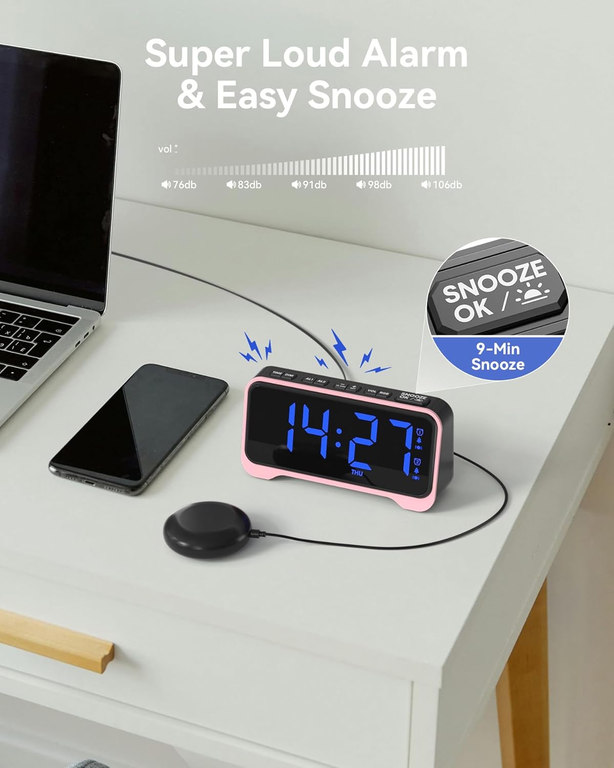 Loud Alarm Clock with Bed Shaker and Night Light
