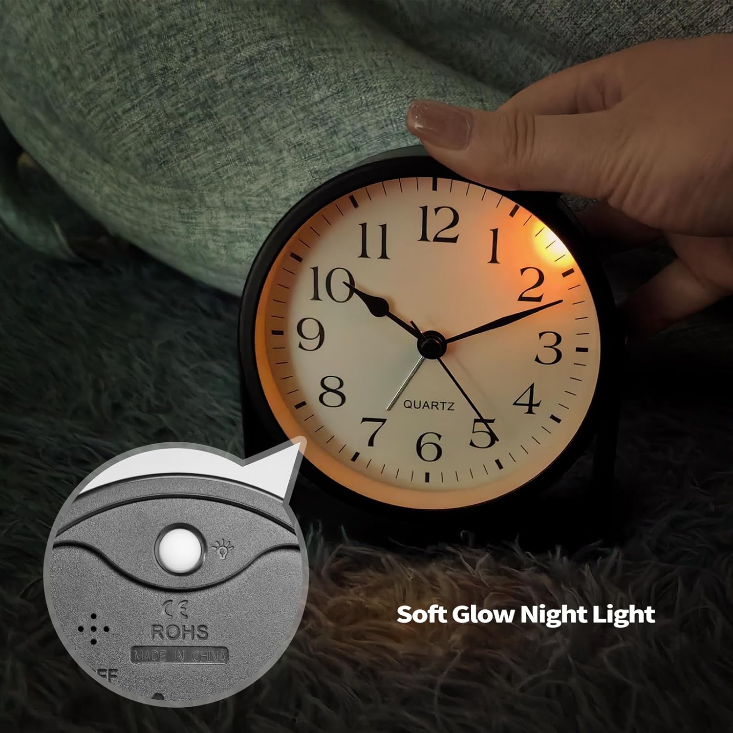 SCOAGE Mini Metal Analog Alarm Clock with Night Light