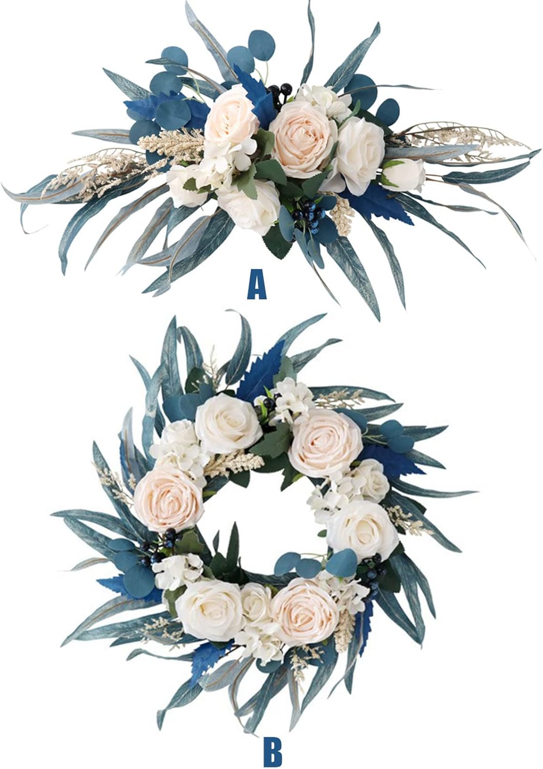 IUIBMI Spring Wreath with Malachite Blue Leaves and Silk Roses