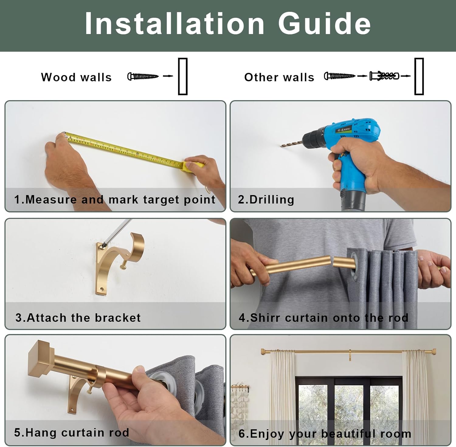 YuMierle Single Curtain Rods 72-144 Inch Warm Gold