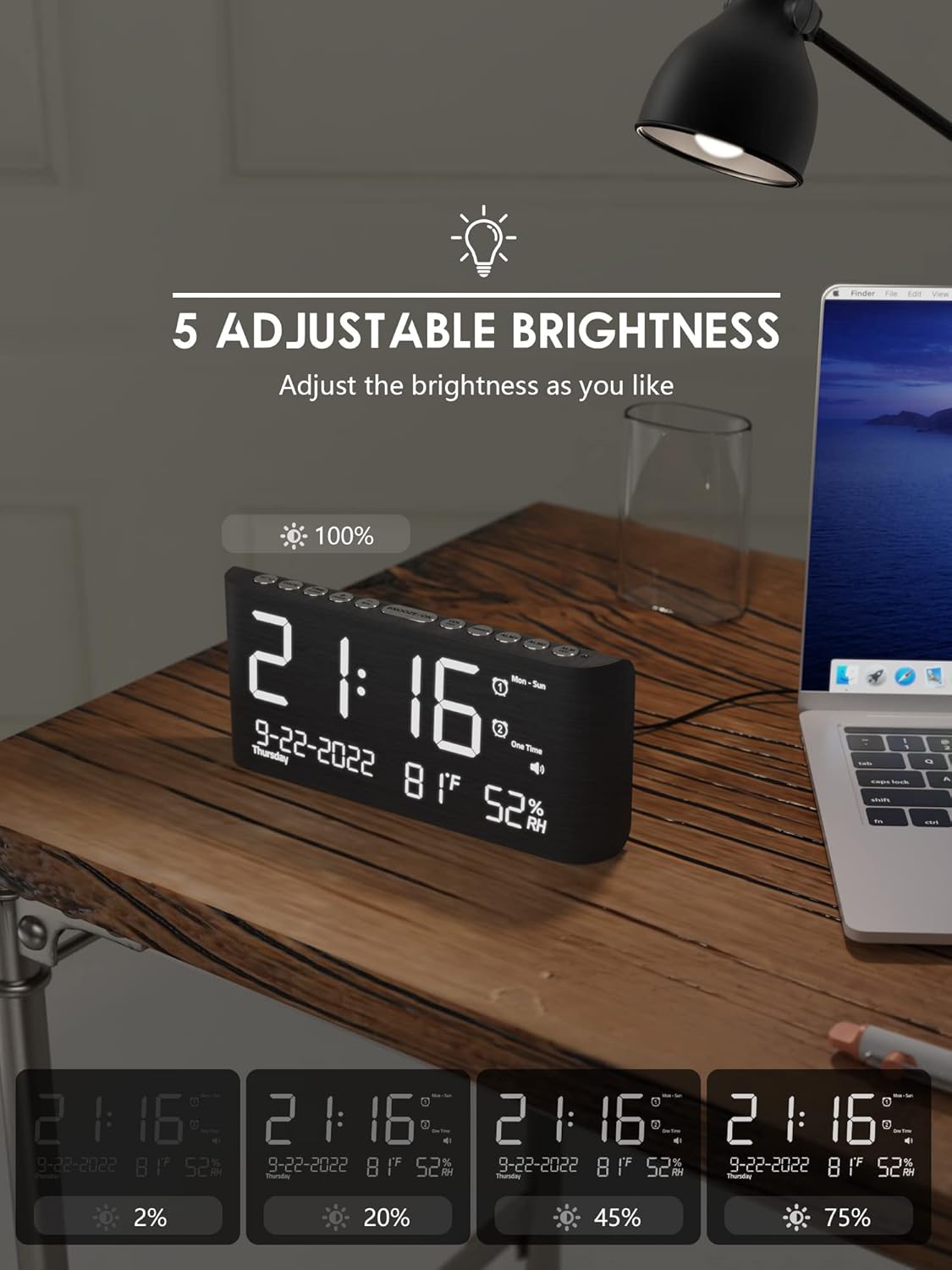 Roxicosly Wooden Digital Alarm Clock with Dual Alarm and Dimmer
