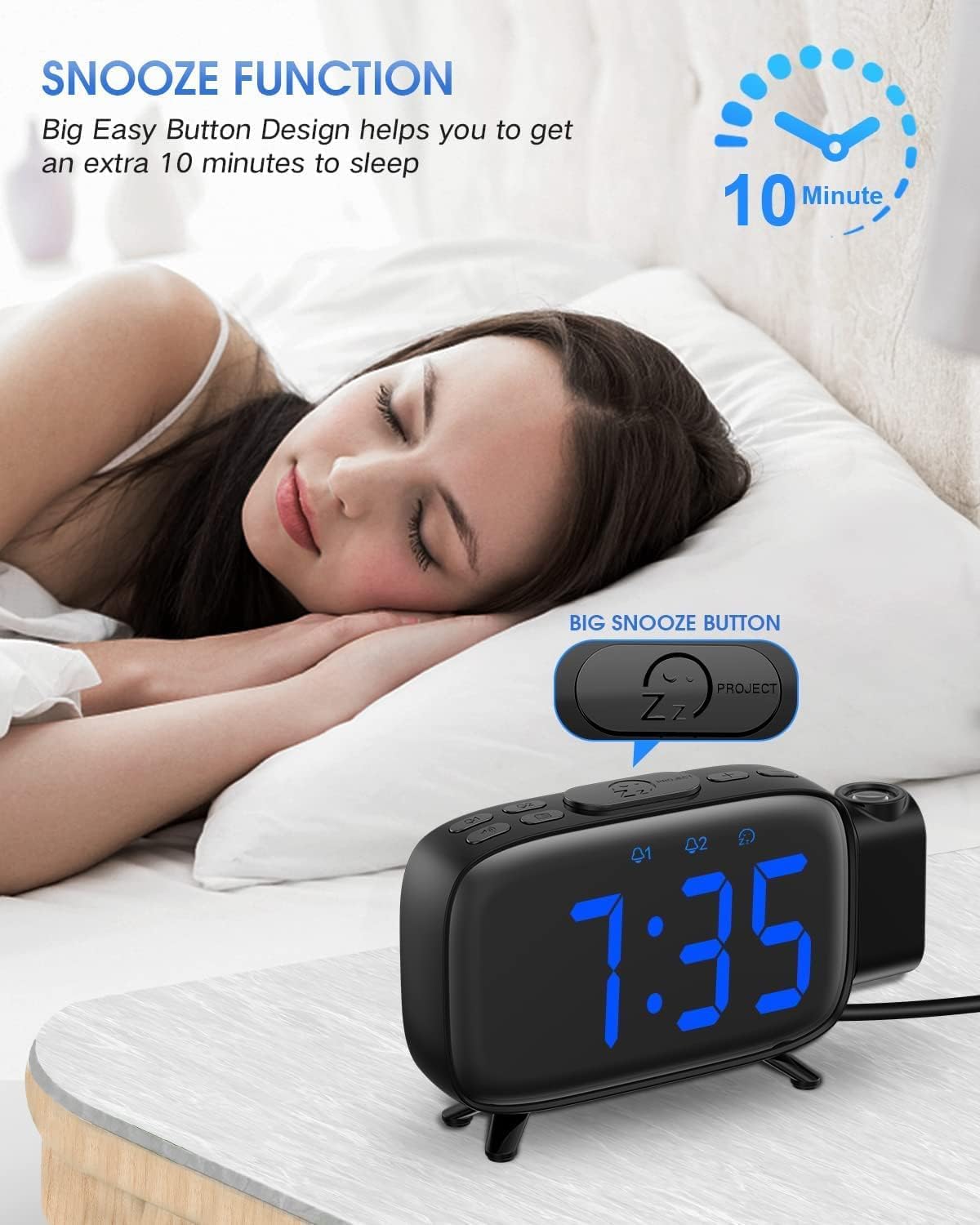 WAIGESEN Digital Projection Alarm Clock with Dual Alarms and FM Radio