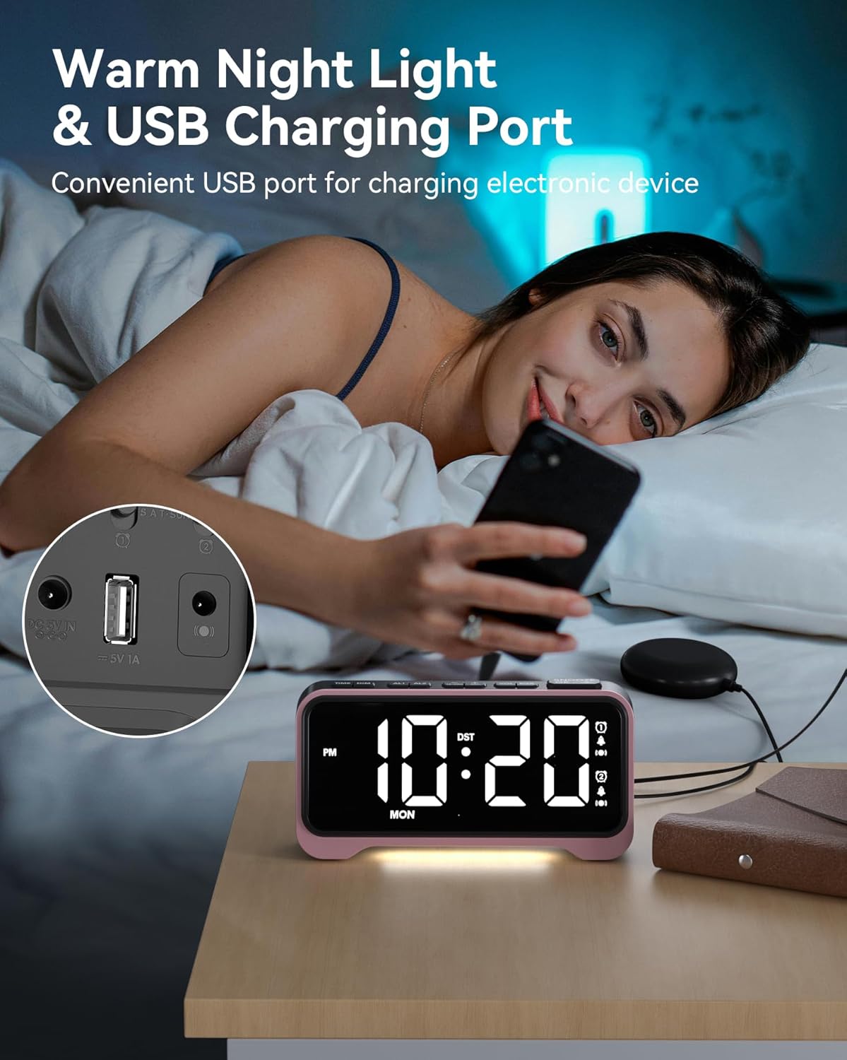 Loud Alarm Clock with Bed Shaker and Night Light