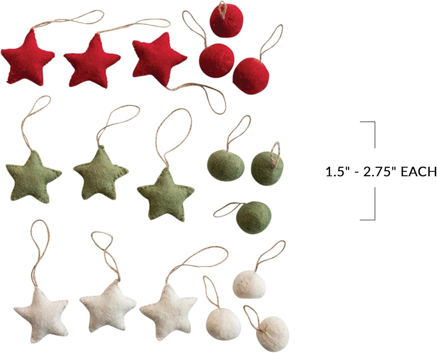 Creative Co Op Handmade Wool Felt Ball and Star Ornaments Set of 18