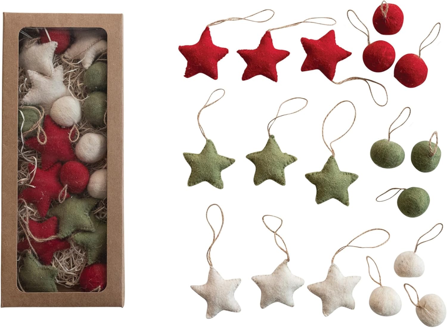 Creative Co Op Handmade Wool Felt Ball and Star Ornaments Set of 18