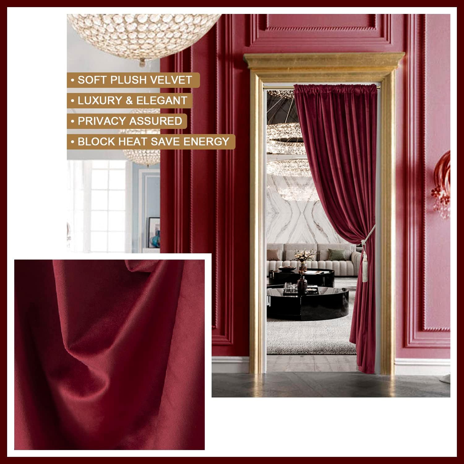 Burgundy Red Velvet Luxury Curtain Panel 80 Inches