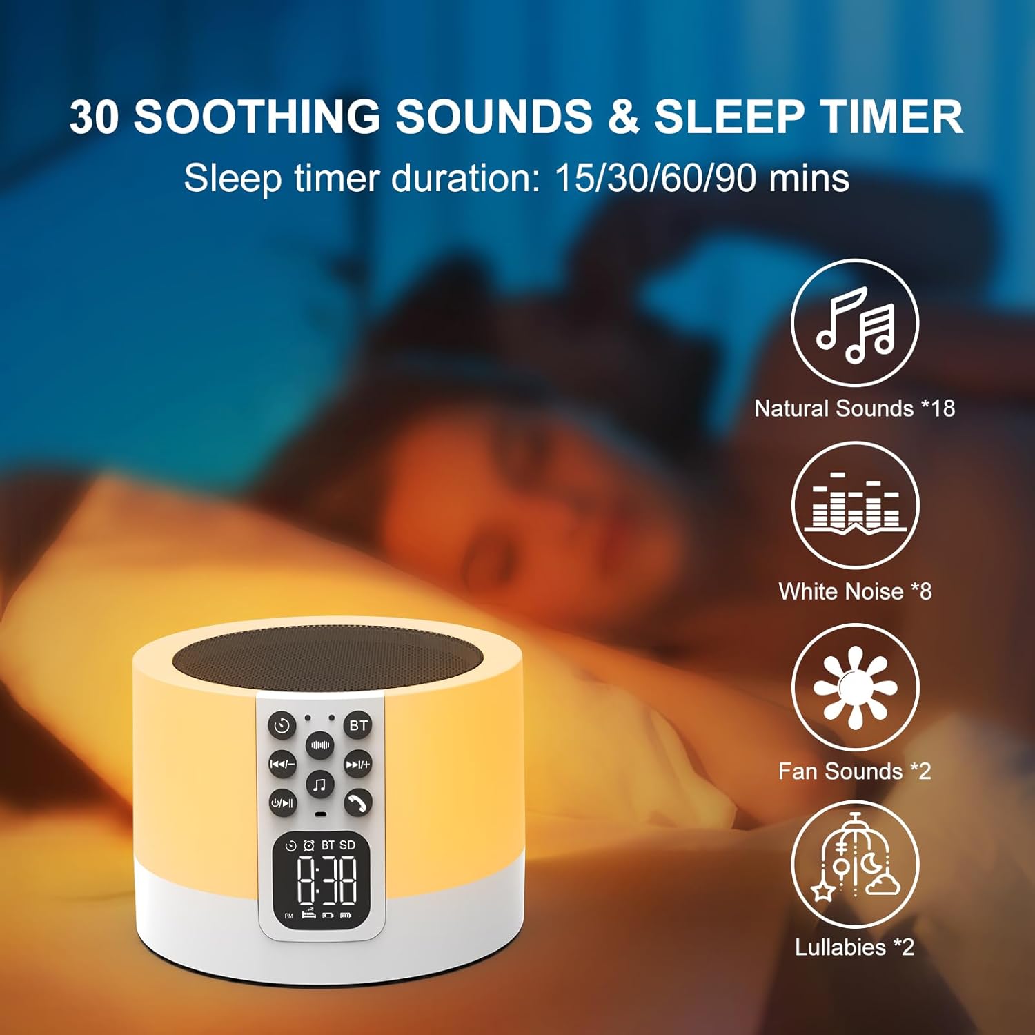 Night Light Bluetooth Speaker Alarm Clock with White Noise and RGB Light