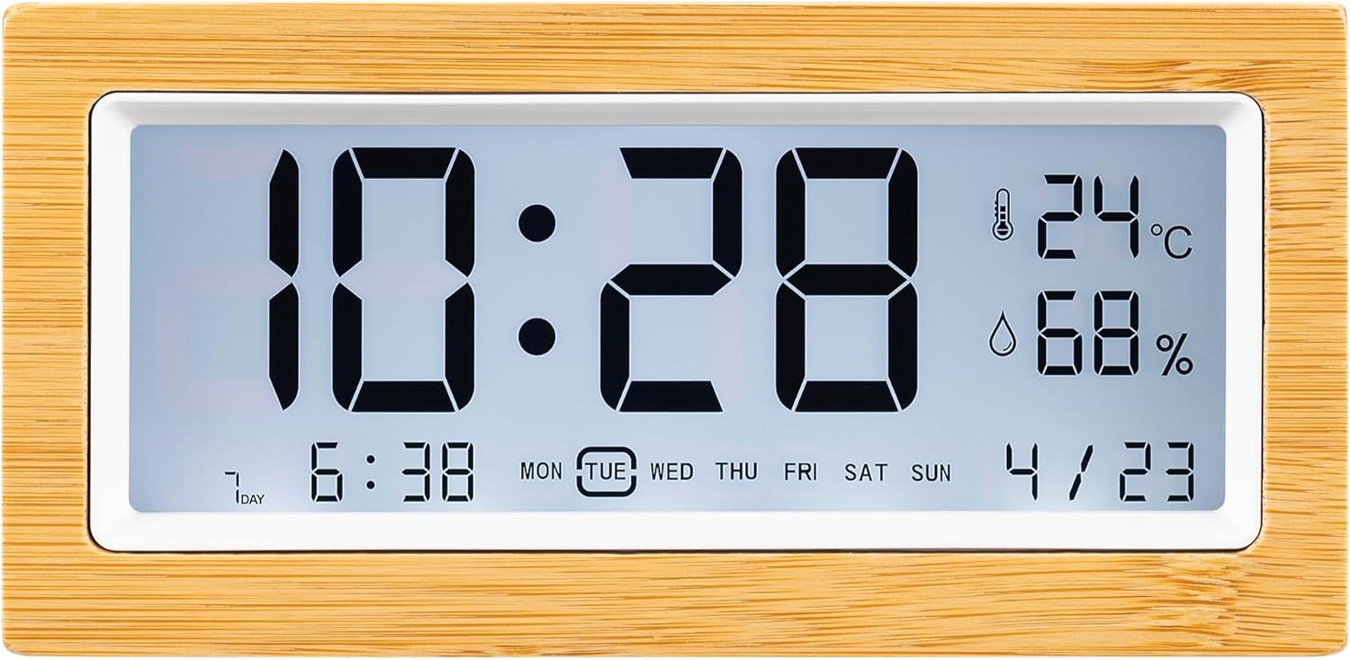 Navaris Digital Alarm Clock with Bamboo Frame and LCD Display 1