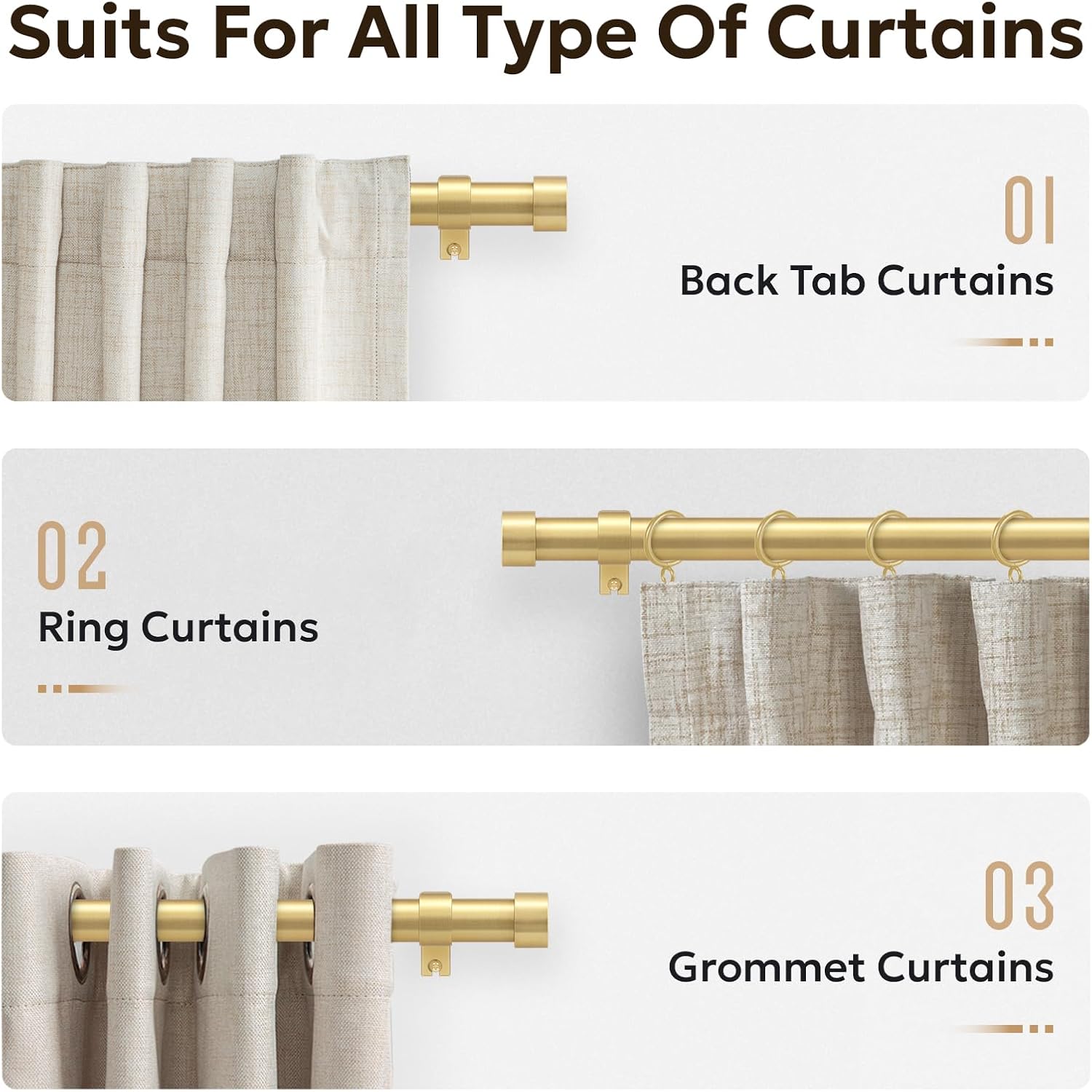 Zeerobee 1 Inch Brushed Gold Curtain Rod 32-120 Inch