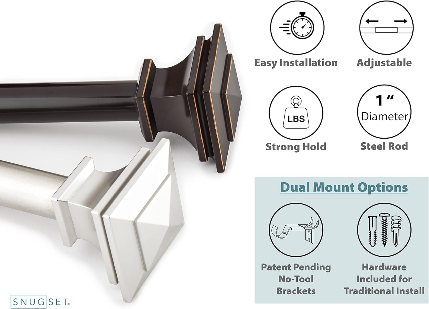 Snug Set Nickel Curtain Rod 36-72 Inch Adjustable No Tools