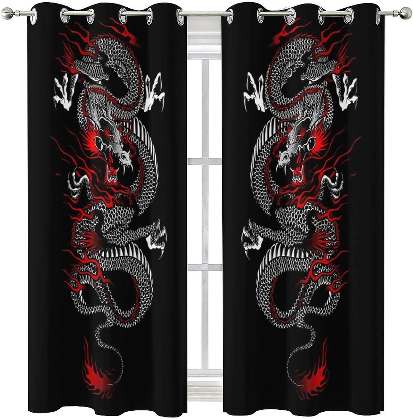Fantasy Dragon Curtains Black Red Grommet Panels
