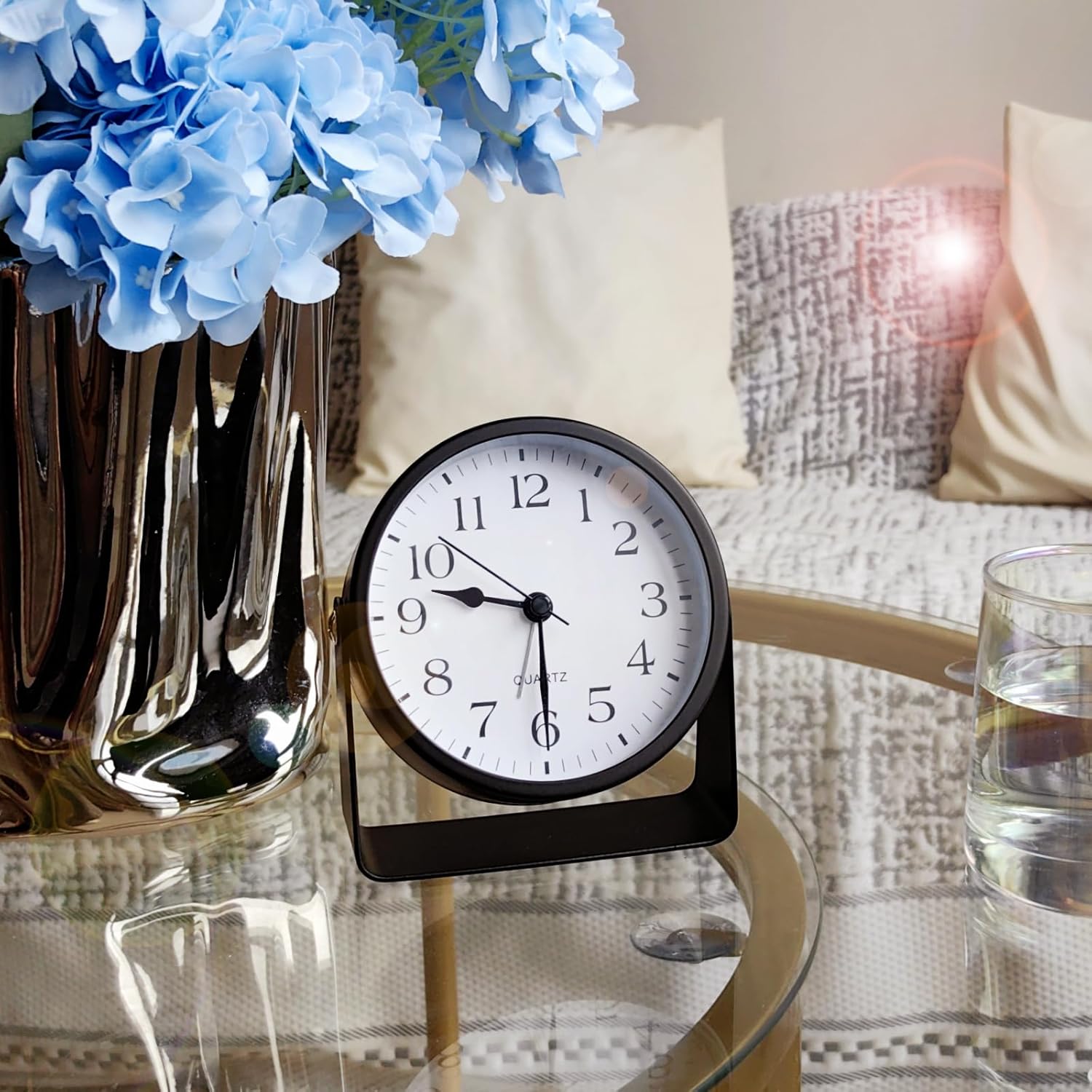 SCOAGE Mini Metal Analog Alarm Clock with Night Light