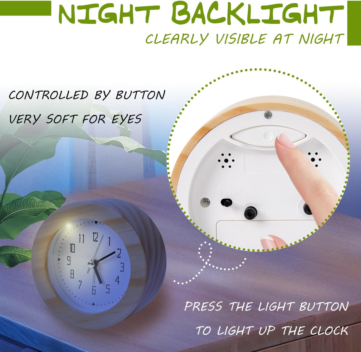 Kyvita Silent Non-Ticking Wooden Analog Alarm Clock with Nightlight
