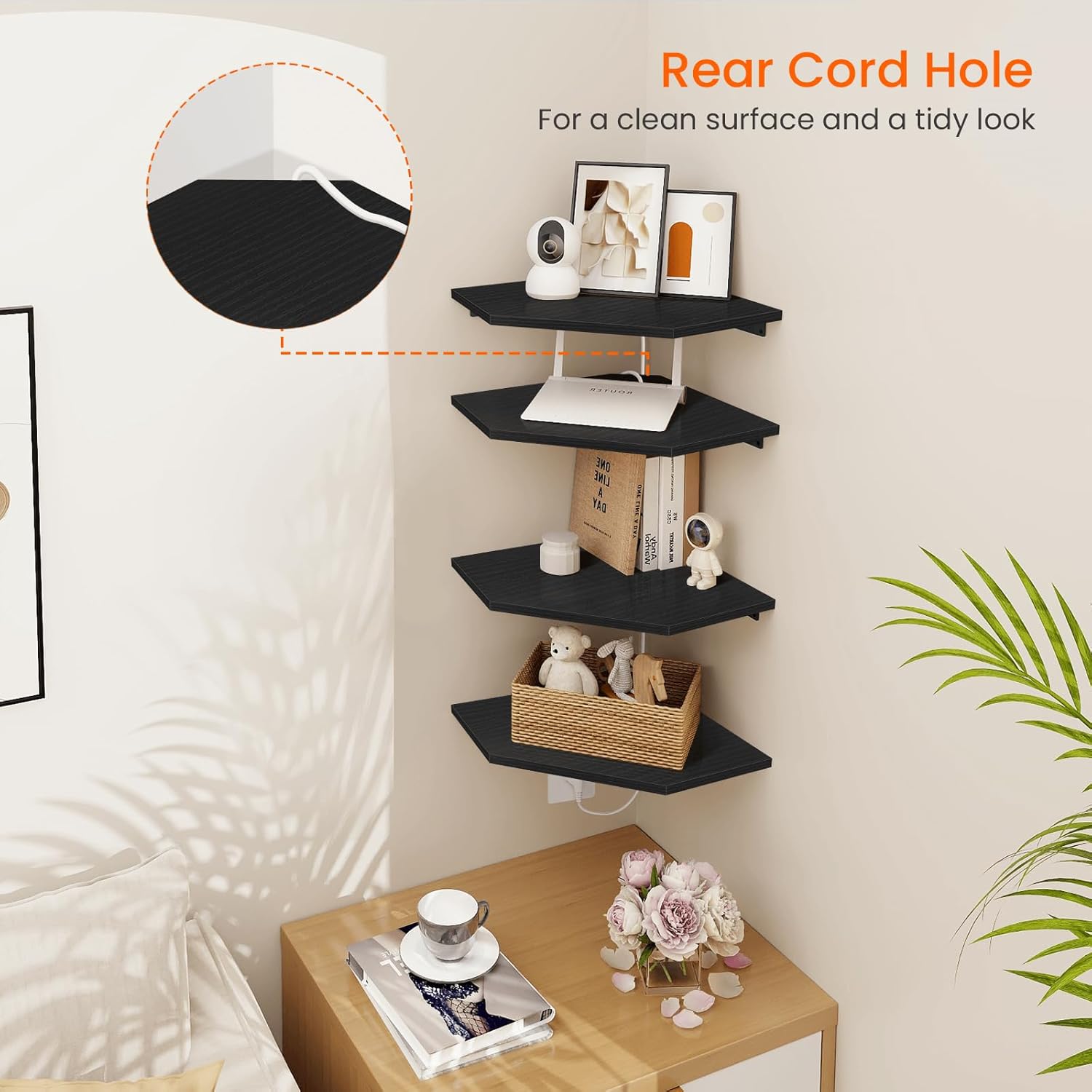 Homode 4 Tier Diamond Shape Corner Wall Shelves Black