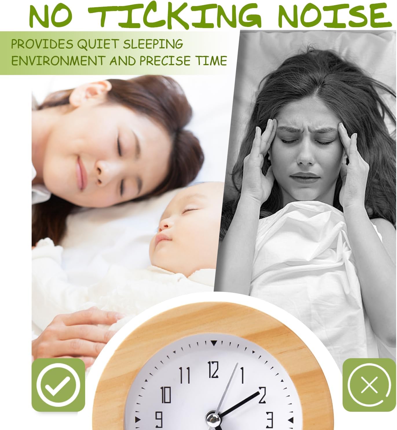 Kyvita Silent Non-Ticking Wooden Analog Alarm Clock with Nightlight